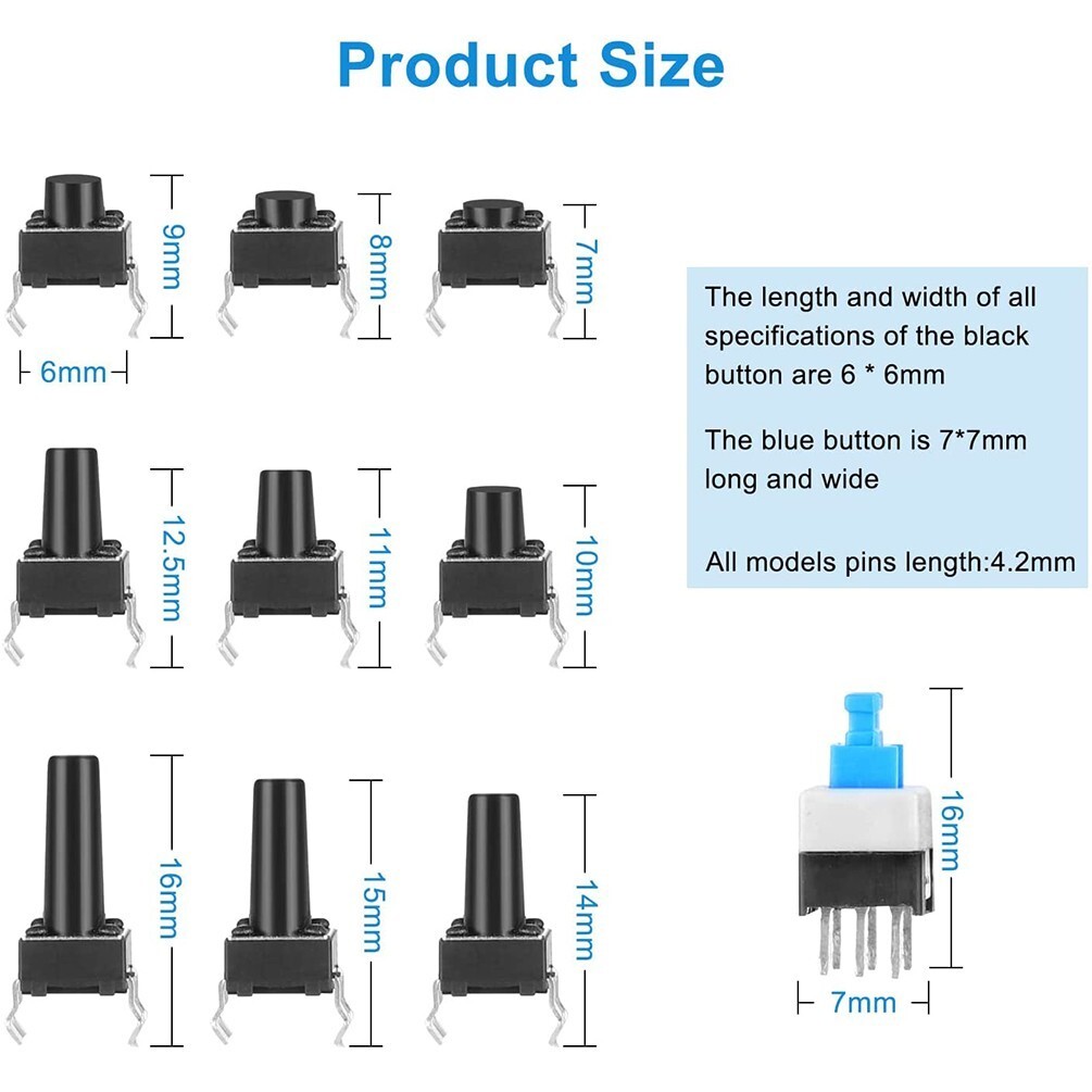180Pcs 10 Value 4.3-14mm Small Miniature Momentary Tactile Push Button Switch