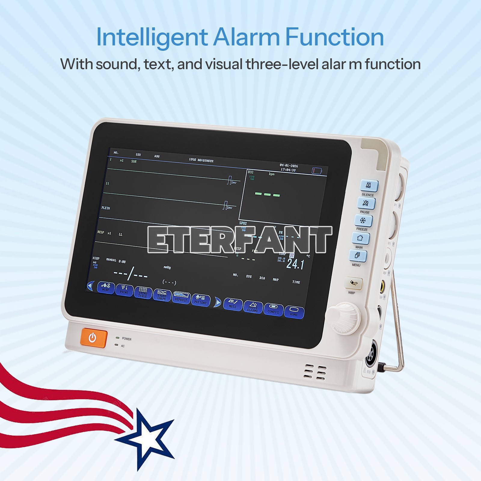 10-Inch Patient Vital Signs Monitor Multi-Parameter ECG/NIBP/TEMP/RESP/SPO2/PR