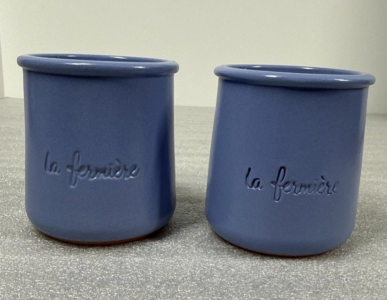 2 La Fermiere Terra Cotta Periwinkle Blue Yougurt Pots