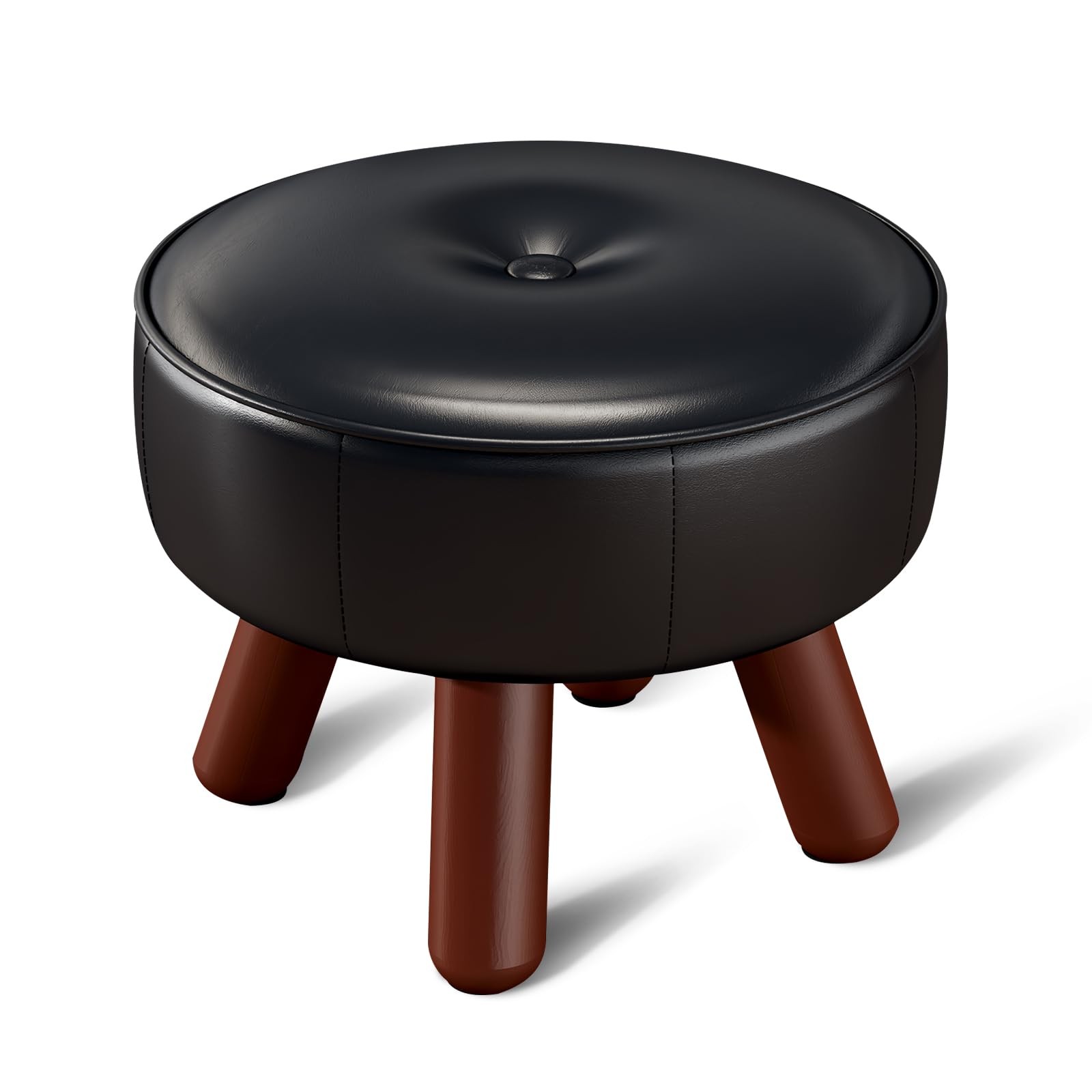 13 Inch Small Foot Stool Ottoman Round Faux Leather Rubber Legs Black Rest