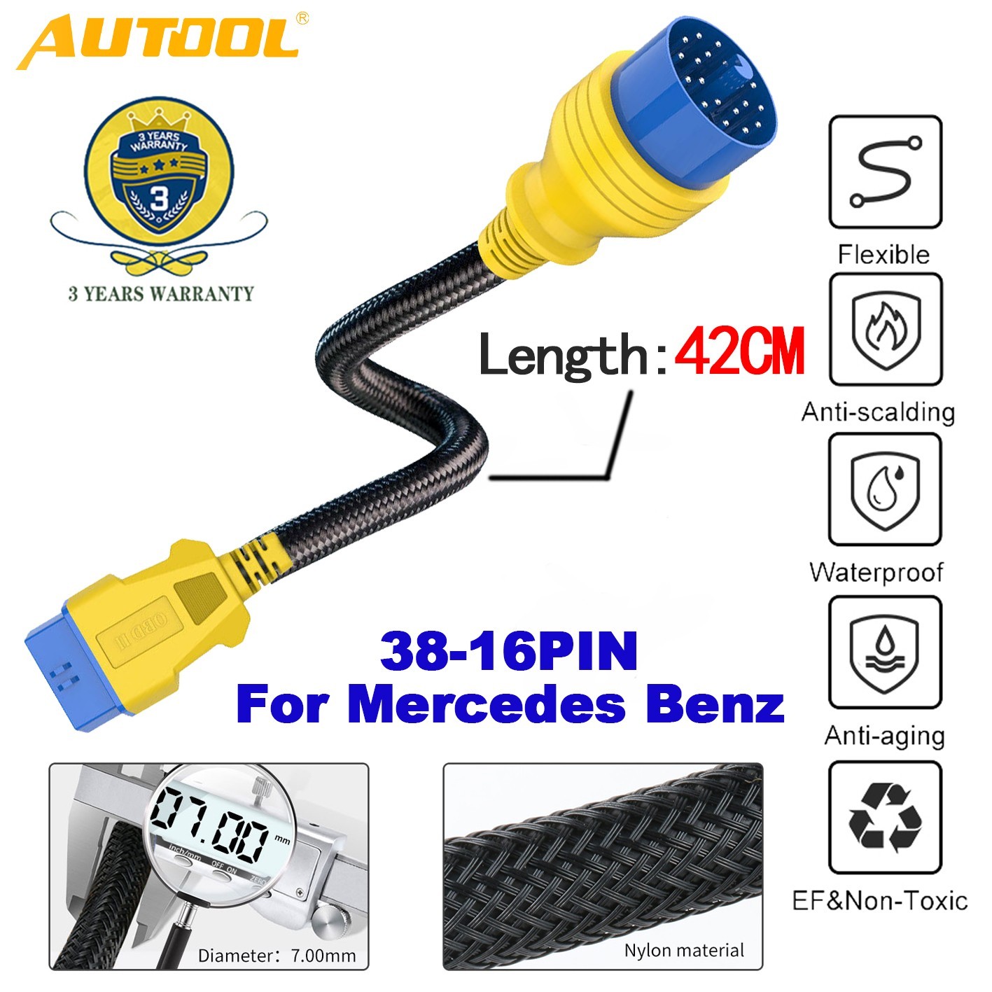 38Pin To 16Pin OBD2 Ⅱ Male to Female Cable Connector For Mercedes Benz 42CM
