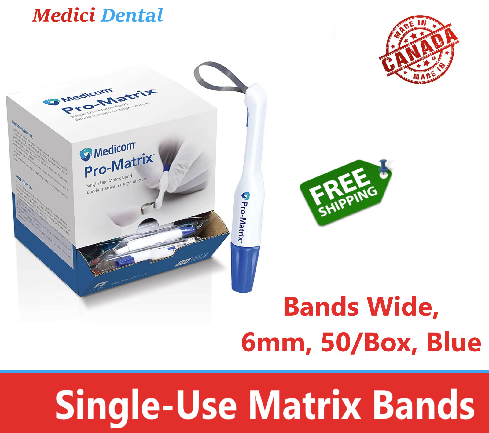 MEDICOM PRO-MATRIX BAND - Wide, 6mm, Blue - 50/Pk Dental Matrix Bands Single Use