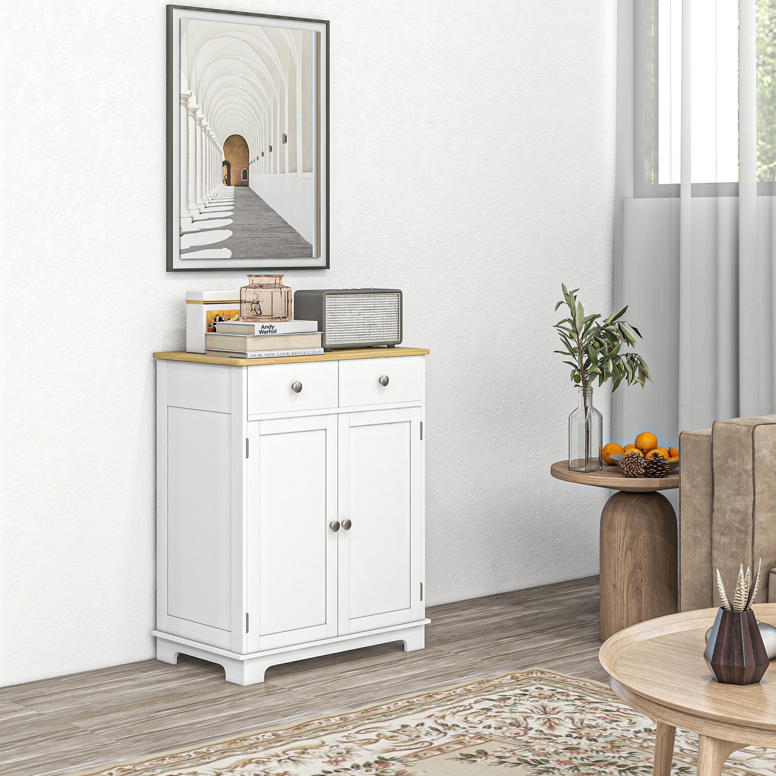 HOMCOM Sideboard with Solid Wood Countertop, Modern Kitchen Storage Cabinet, C