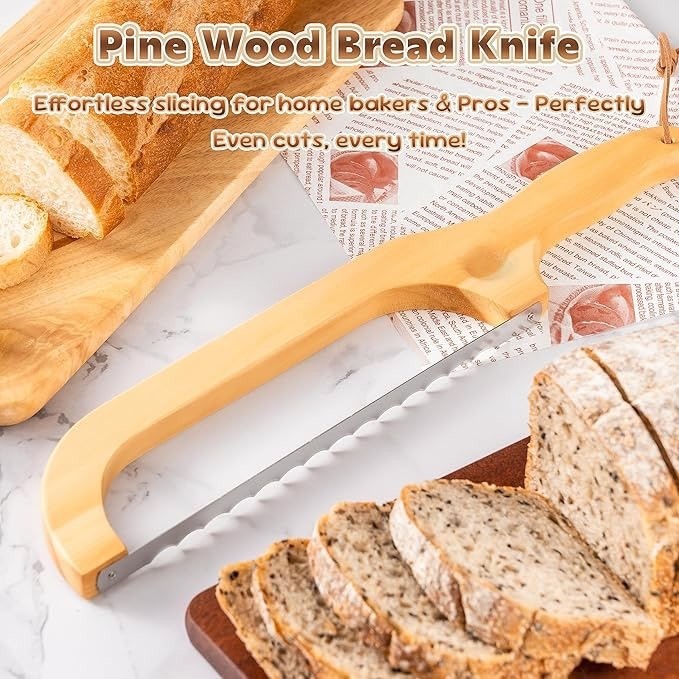 Pine Wood Bread Knife Bow Slicer Serrated Stainless Steel Blade Sourdough Saw