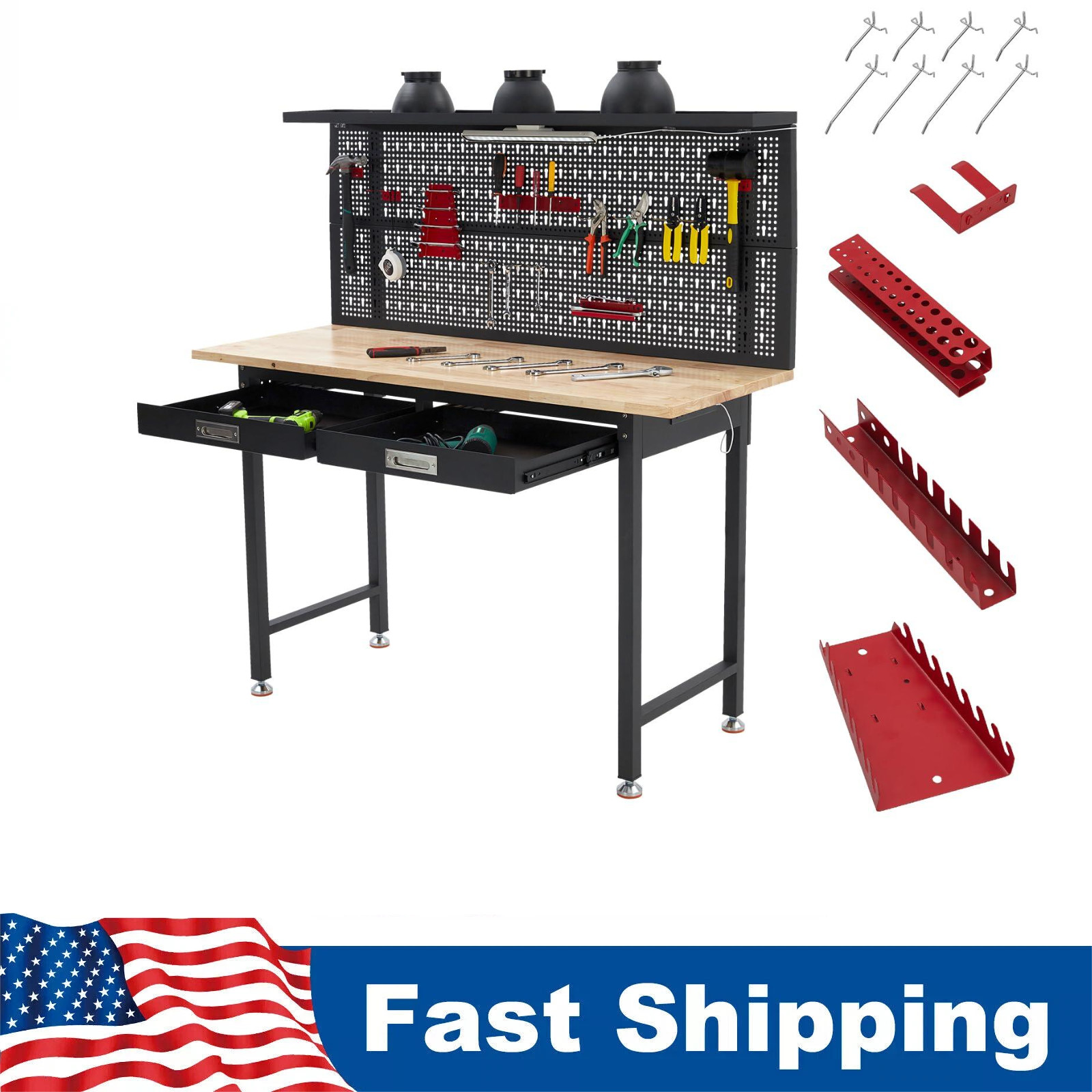 60" Adjustable Heavy Duty Workbench 2000 LBS Work Table with 2 Drawers LED Light