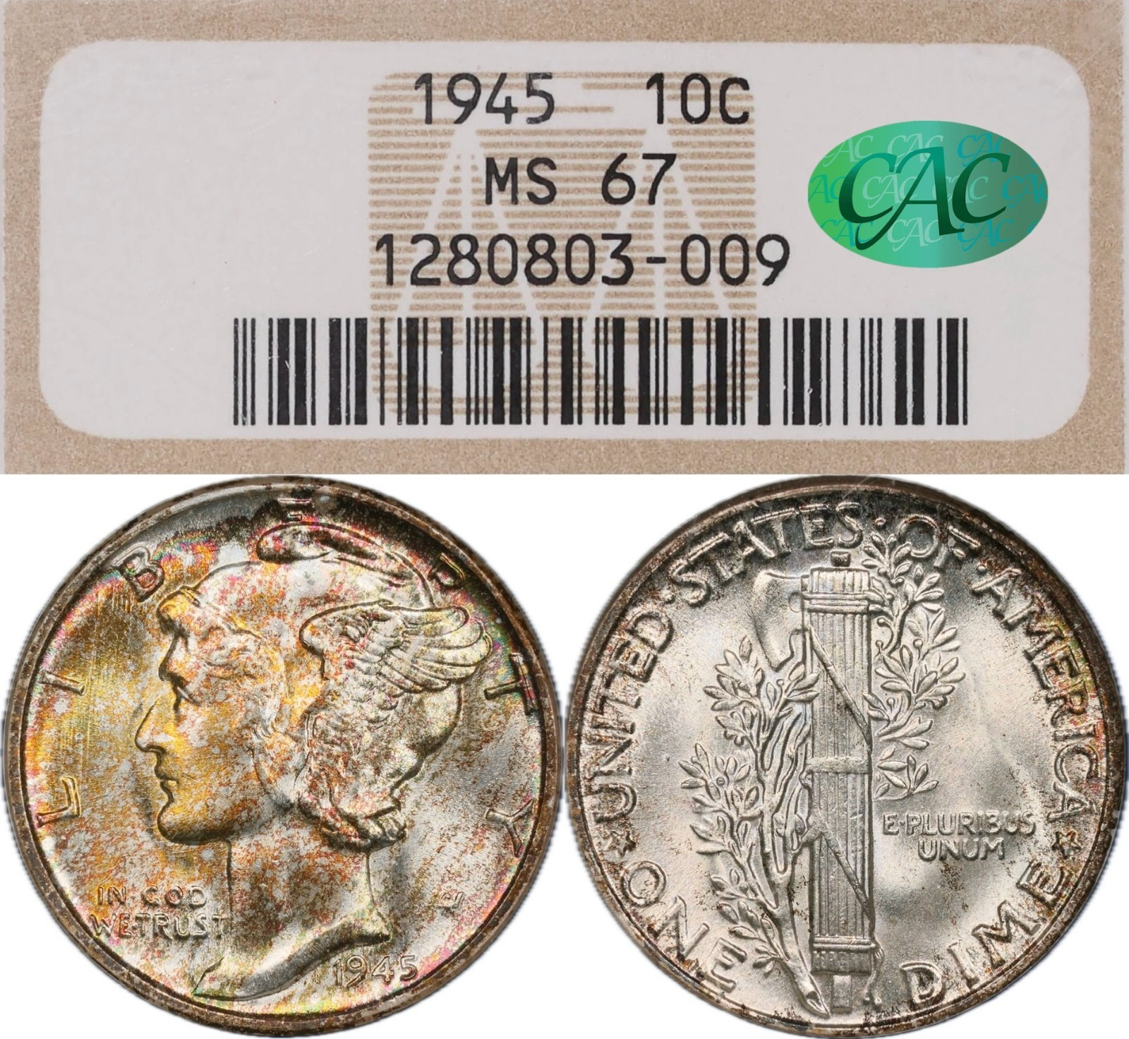 MS67 CAC 1945 10C Mercury Silver Dime, NGC Old Holder, Beautiful Rainbow Toned