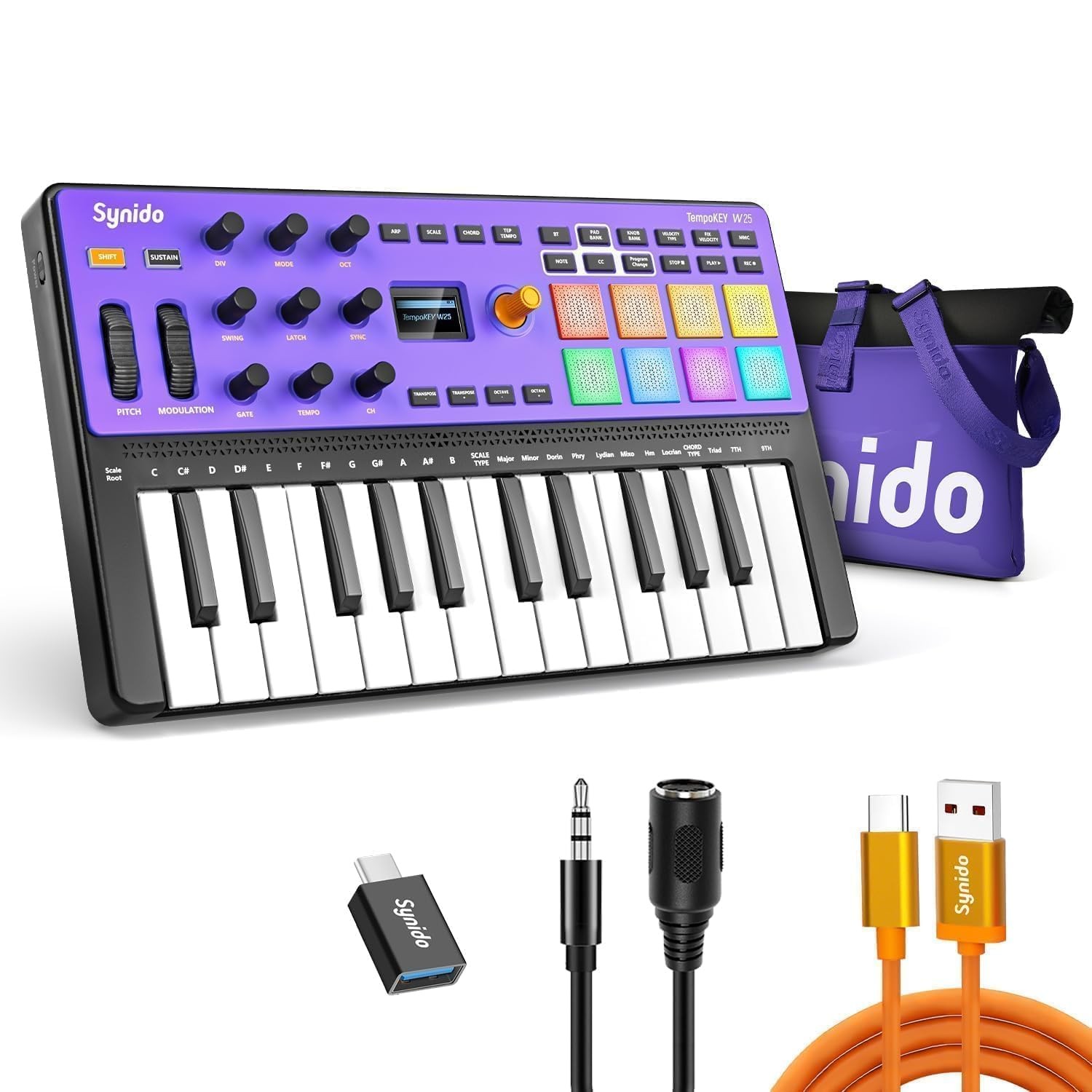 Synido Wireless 25 Keys USB MIDI Keyboard 1.98 Inches Thick, multicolored