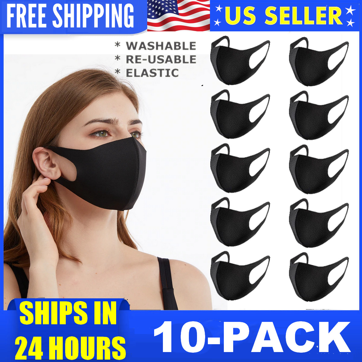 10-Pack Washable Reusable Breathable Black Mouth Cover Face Mask Unisex