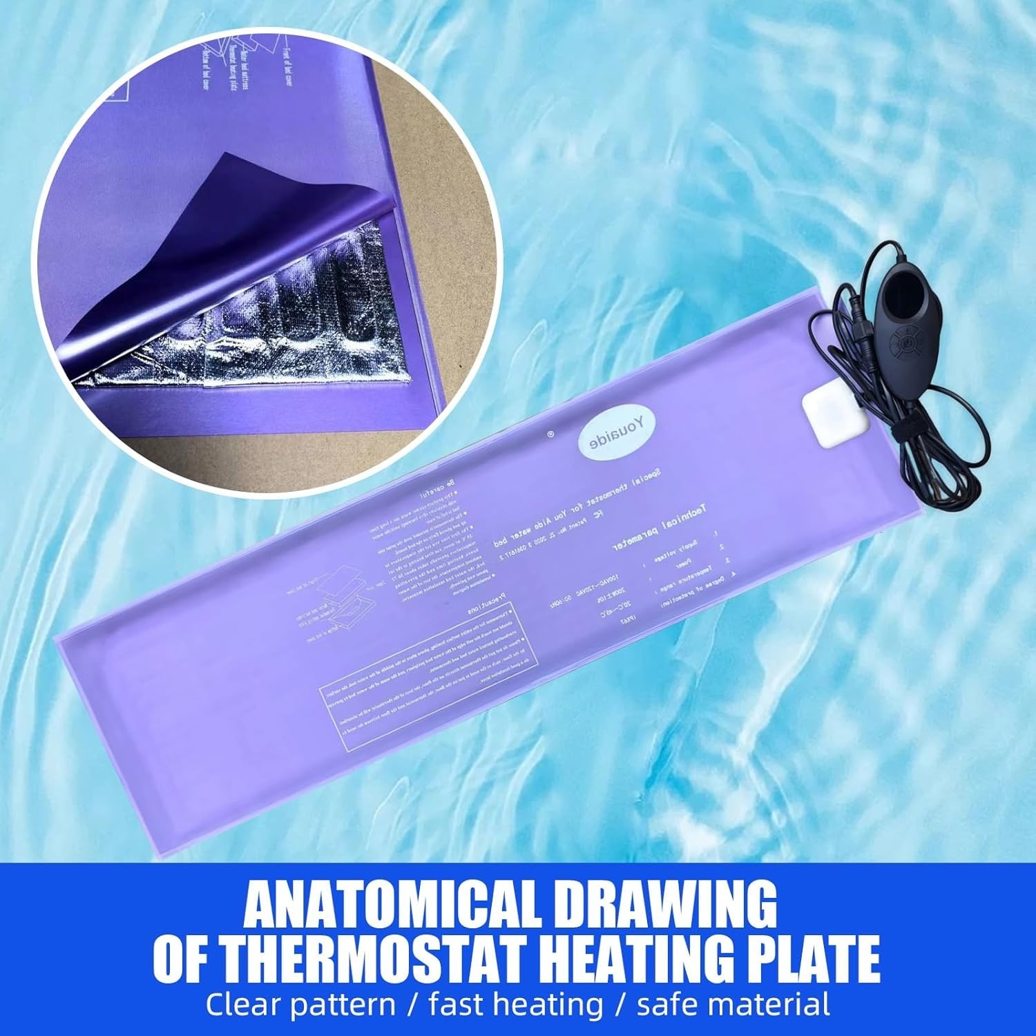 Smart Waterbed Heater with LED Digital Controller, 250W Waterbed Heating Pad