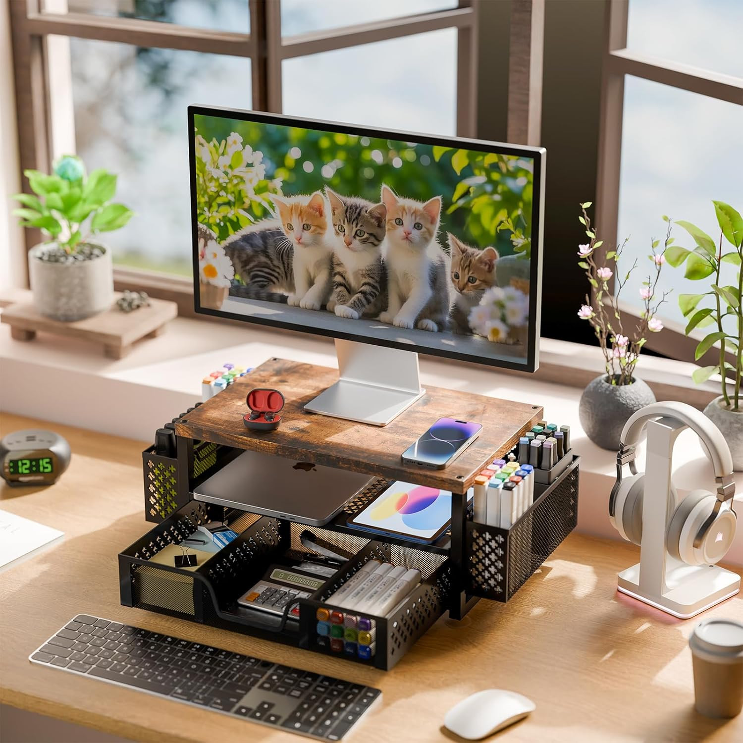 Desk Organizers and Accessories, 2 Tier Monitor Stand Riser with Drawer and 2 Pe