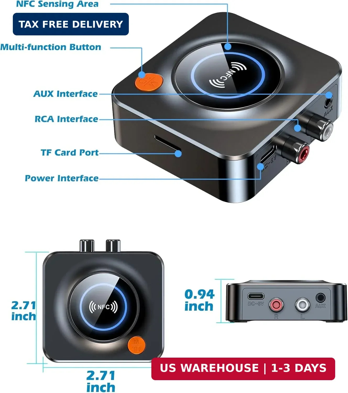 Bluetooth Receiver for Home Stereo, AUX RCA to Bluetooth Adapter | NFC Bluetooth