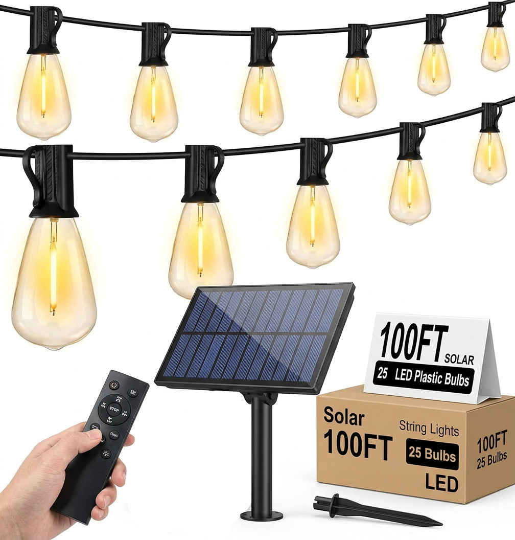 Solar String Lights 100FT, ST38 Shatterproof Bulbs Waterproof for Patio Garden