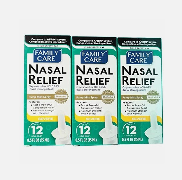FamilyCare Nasal Relief Spray Pump Mist Anti-drip Severe Congestion , 3-Pack