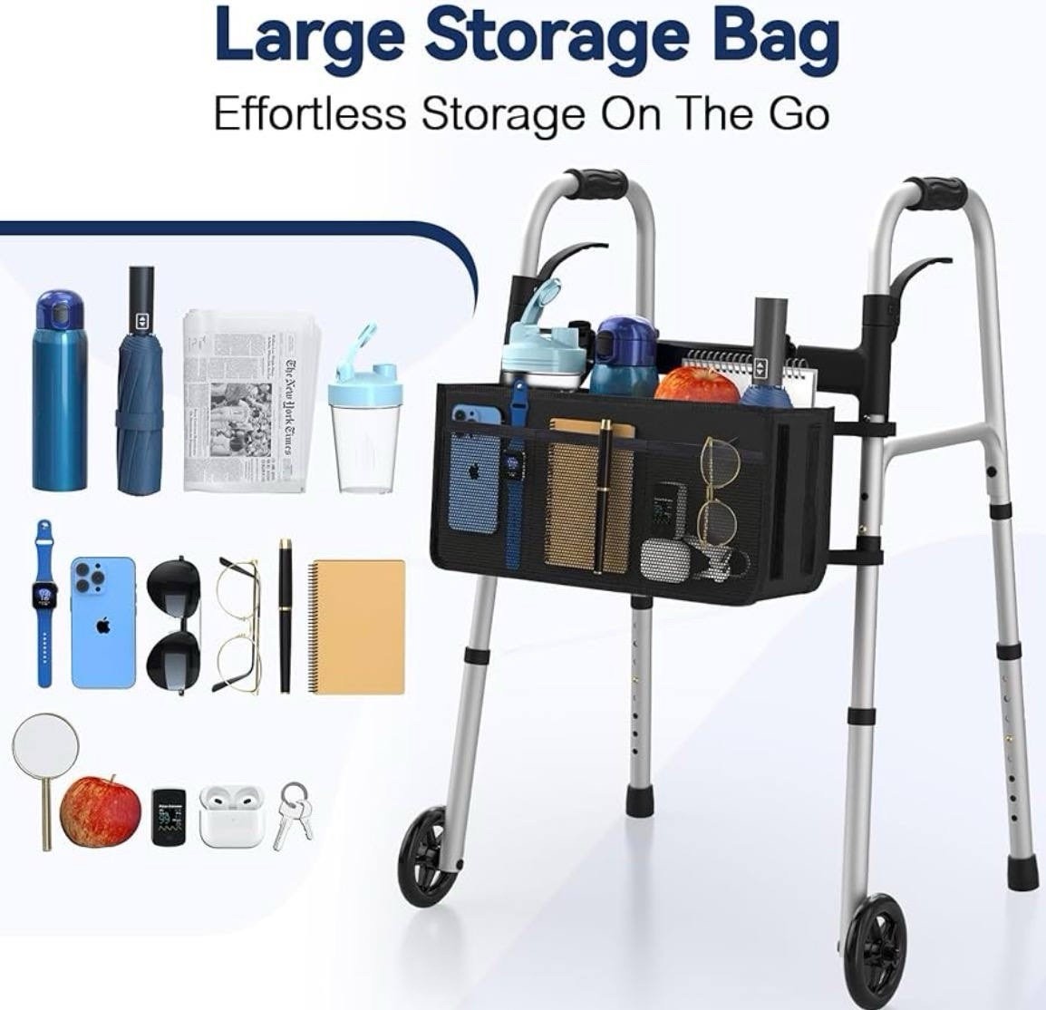 Foldable Walker with Wheels & Seat Storage Bag Adjustable Height Lightweight