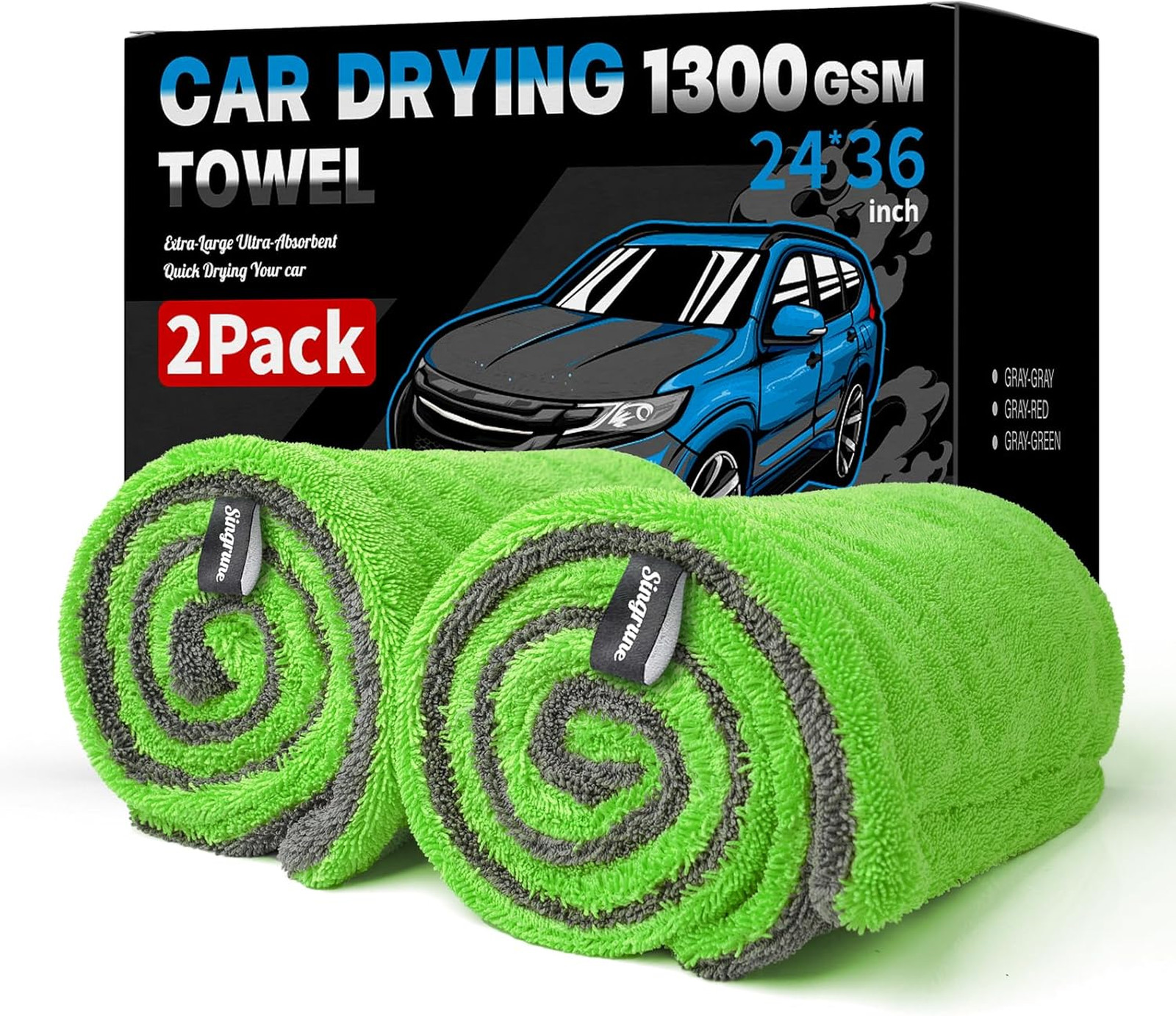 2 Pack Car Drying Towels Ultra Absorbent Microfiber 1300GSM Large 24x36