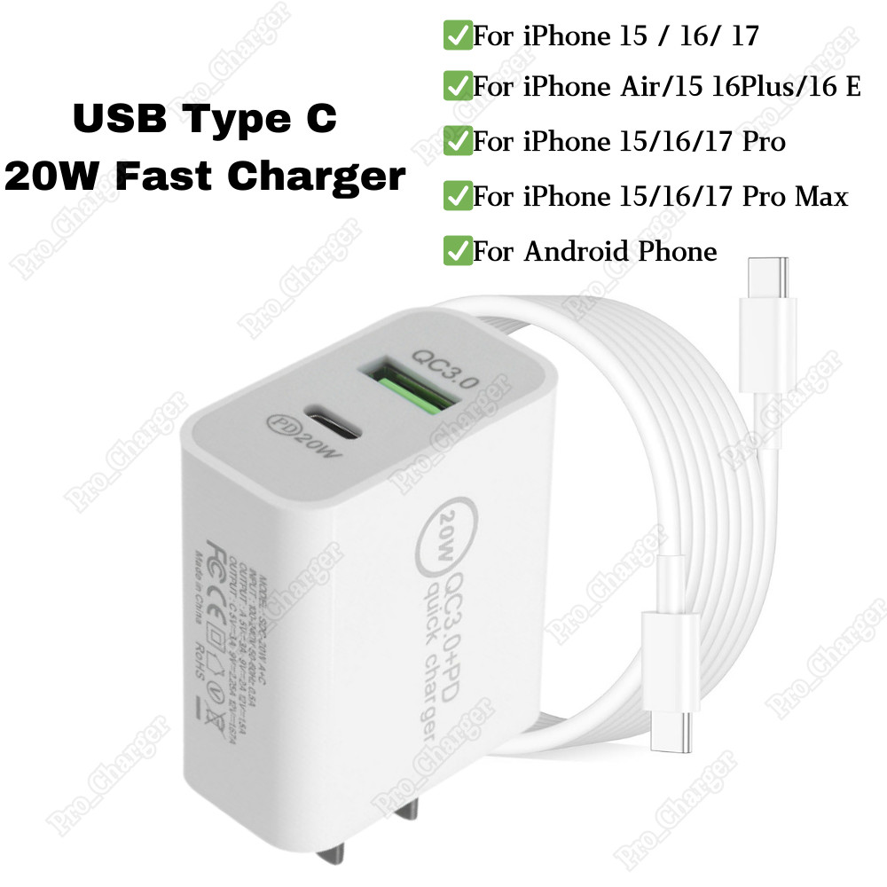 For iPhone 15/16/17 Fast Charger Adapter Block PD 20W Type C USB C To USB C Cord