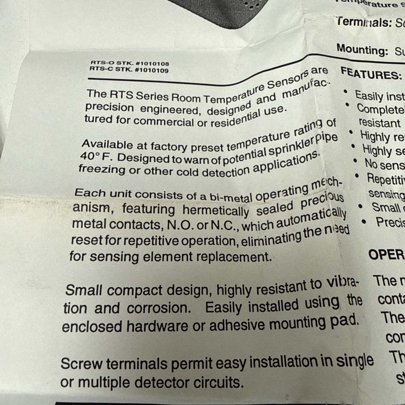 Potter Electric RTS-C Room Temperature Switch Open when below 40