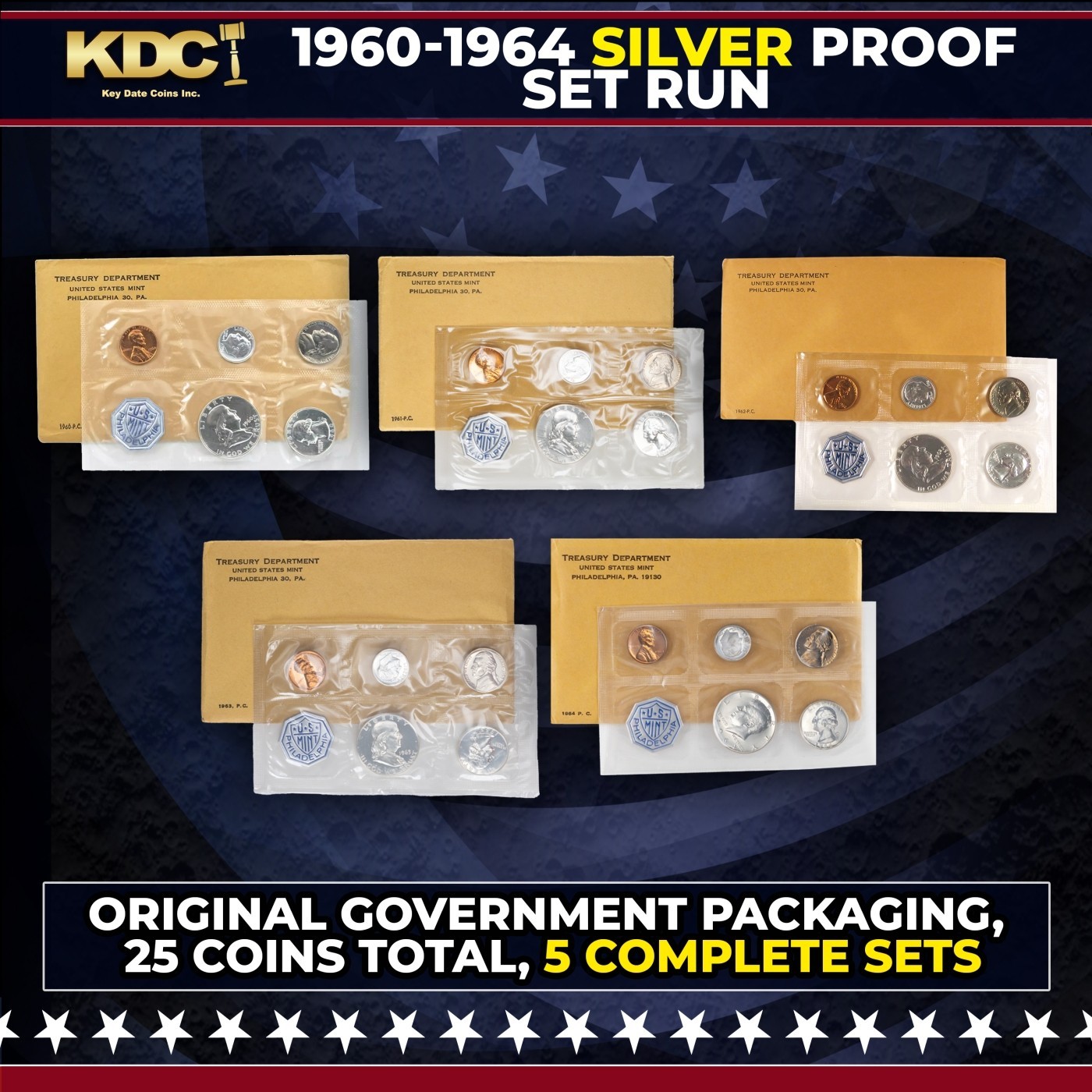 1960-1964 Silver Proof Set Run in Original Government Packaging, 25 Coins OGP