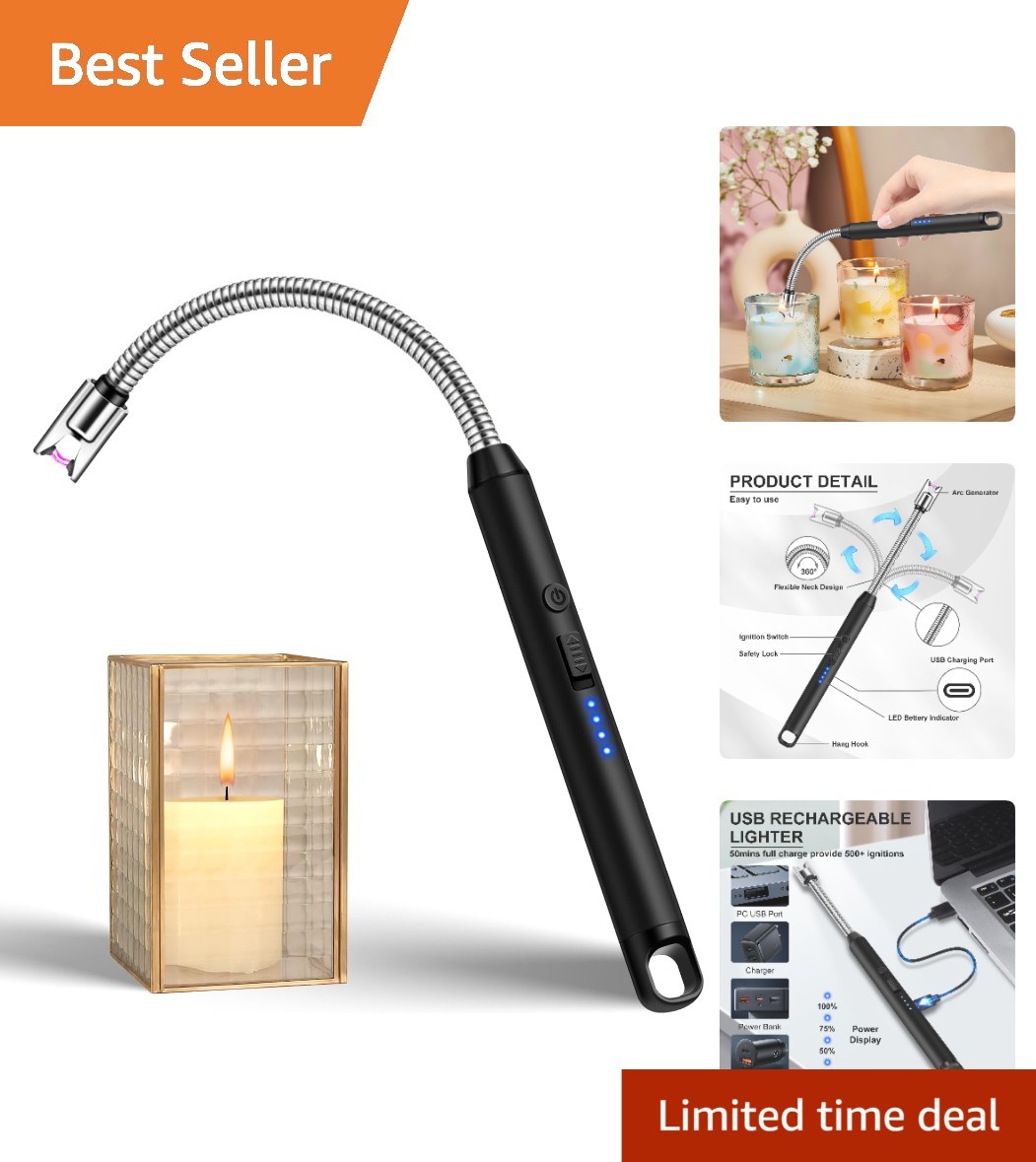 Candle Lighter with 360° Flexible Neck & Safety Lock, Windproof USB Rechargea...