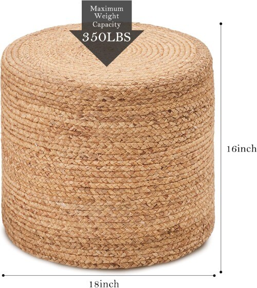 18'' Ottoman Pouf, Natural Braided Poof, Rustic Handweave Lounge Pouffe, Natural
