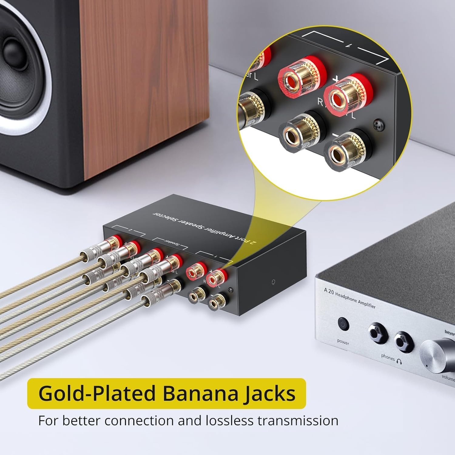 Plug and Play 2-Way Speaker Switcher Box – Connect Multiple Audio Sources Easily