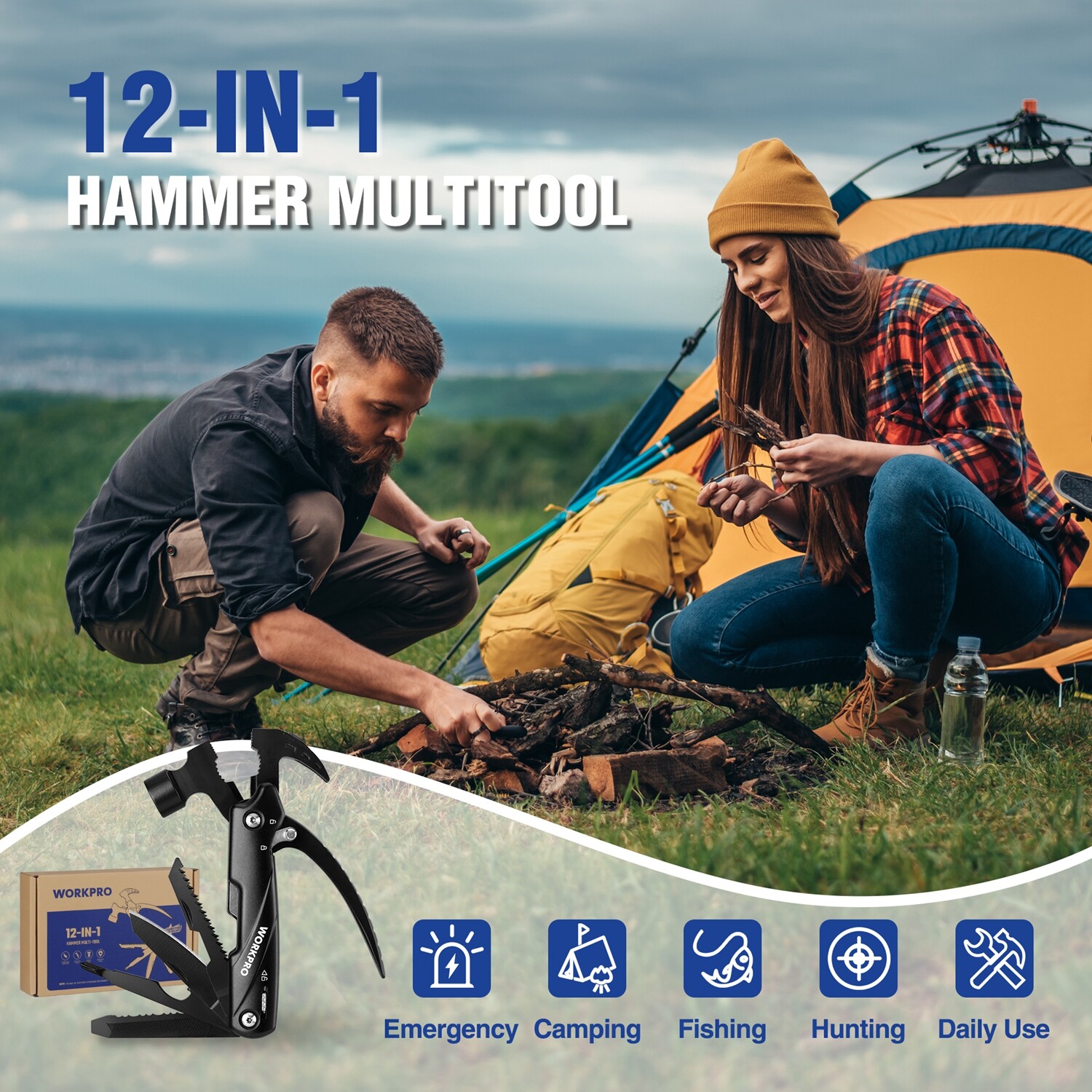 WORKPRO Multitool 12 in 1 Camping Tool w/Mini Hammer-EDC Gear Multi Tools Hammer