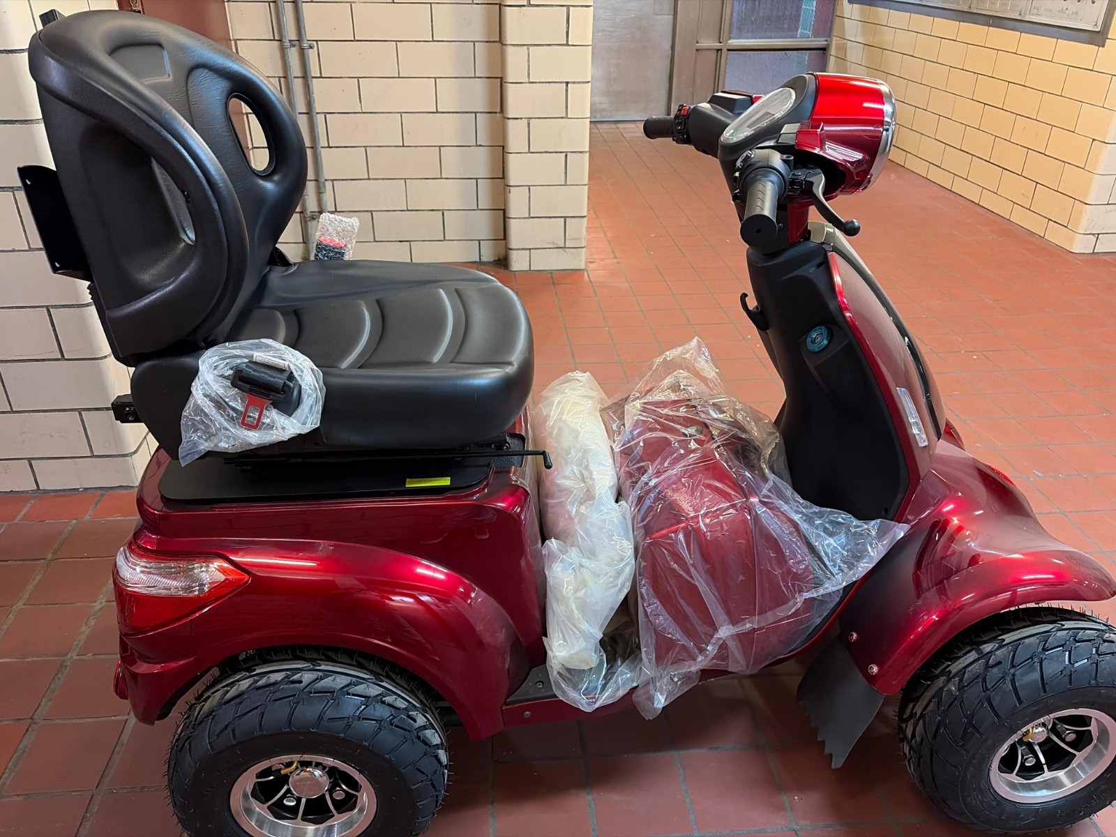 Red/Black 4-Wheel Electric Mobility Scooter w/ High-Back Seat & Armrests