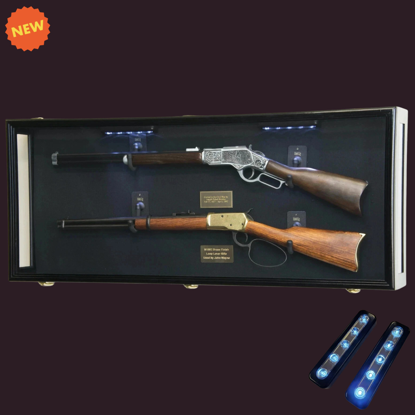 Gun Display Case Double Rifle Black Wood Clear View Wall LED Shadow Box Cabinet