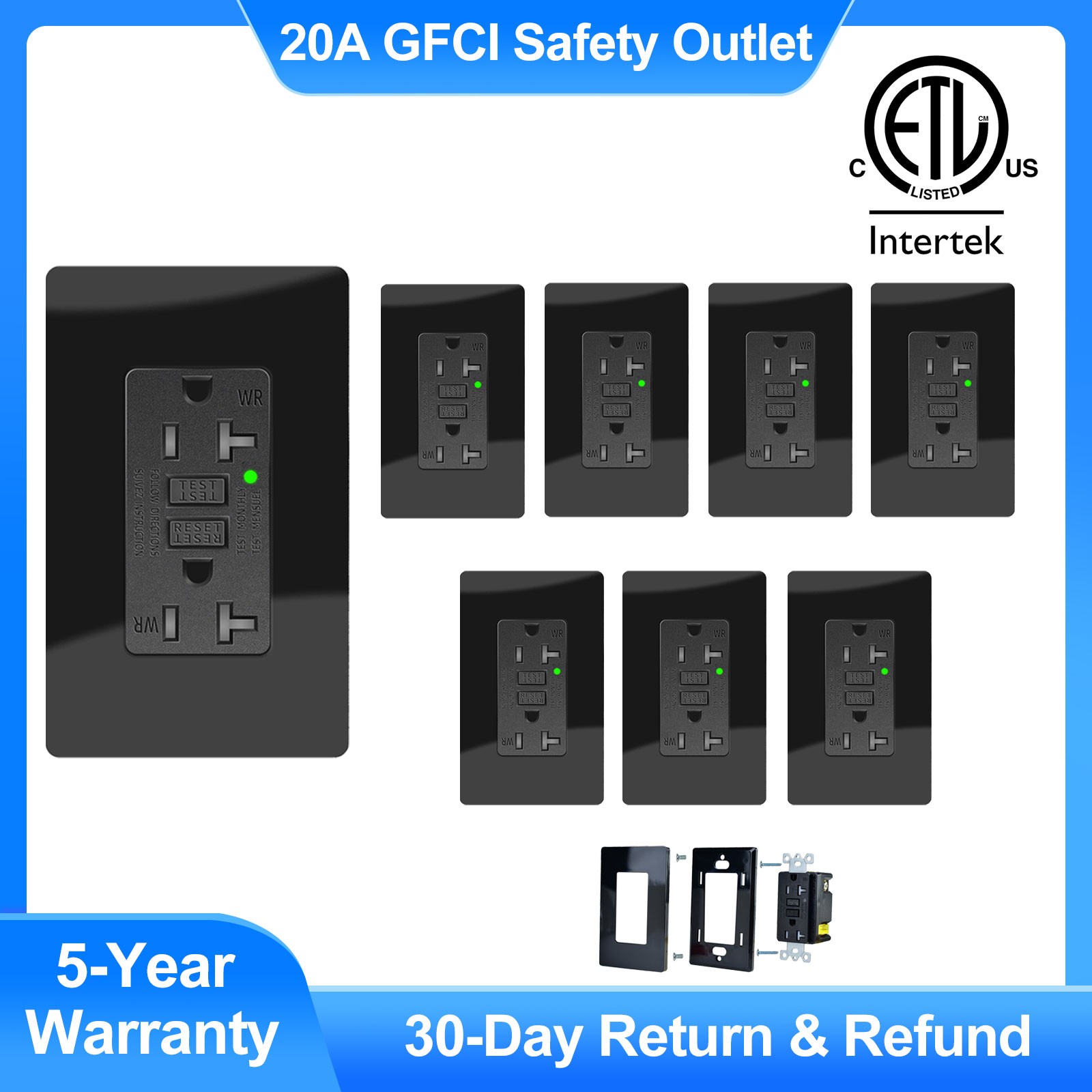 8 PK 20 AMP GFCI (GFI) Receptacle Outlet - Tamper Resistant TR WR GFCI ETL Black