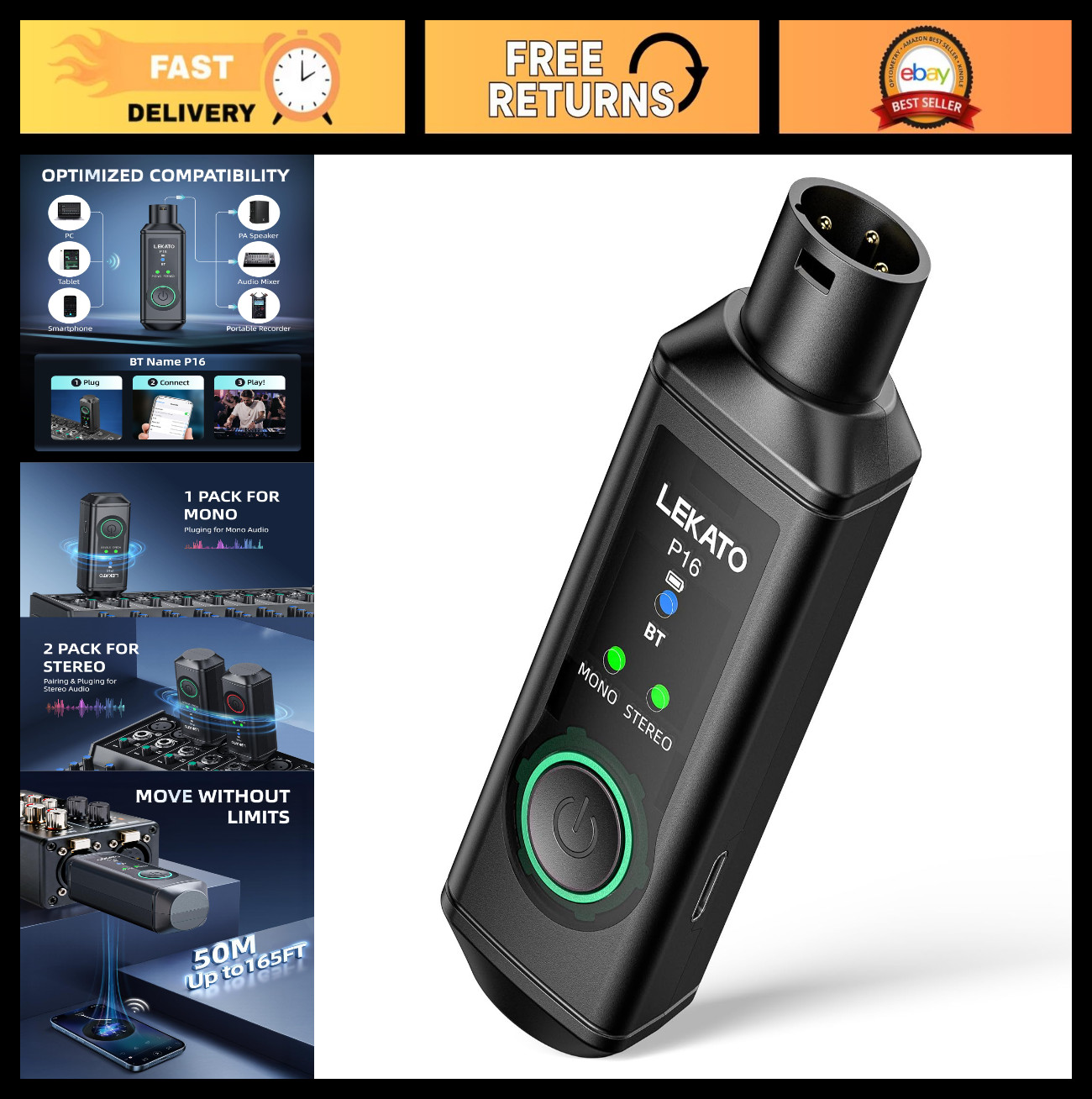 Wireless Bluetooth XLR Receiver, BT 5.3, 48kHz/24bit, 165ft Range, 15H Battery L