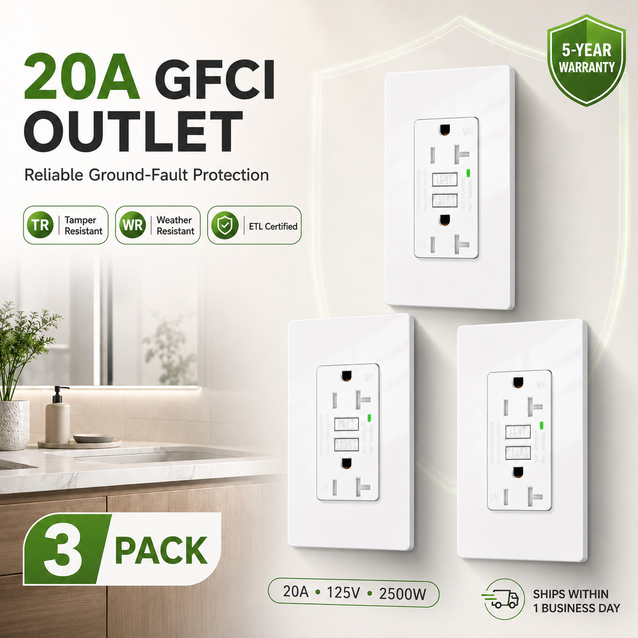 Safety GFCI Outlet 20Amp 125-Volt Slim Receptacle with Status Indicator Light US