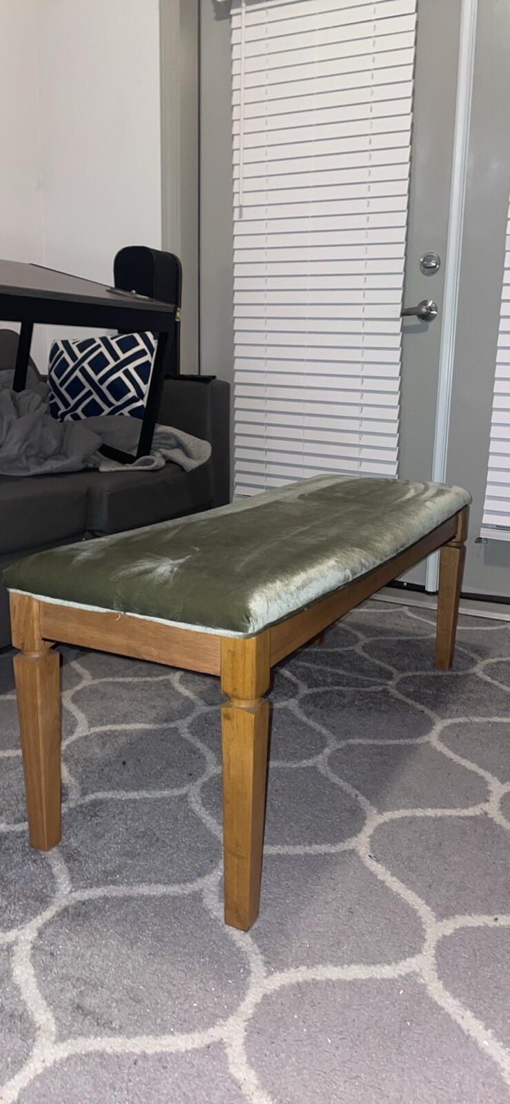 Homemade Green Velvet Suede Bench with Oak Wood Legs