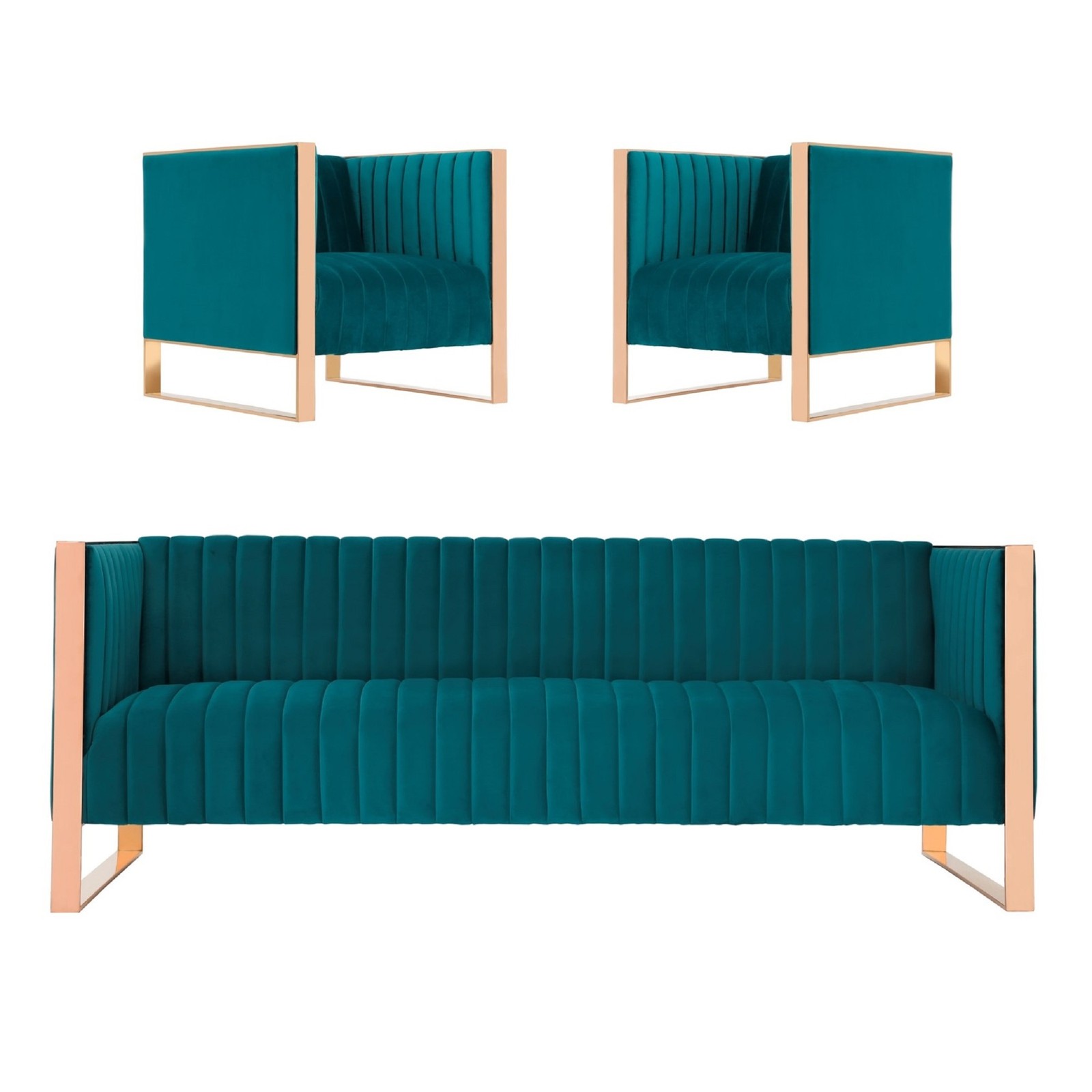 Manhattan Comfort, Trillium 3-Piece Teal and Gold Sofa Armchair Set, Primary