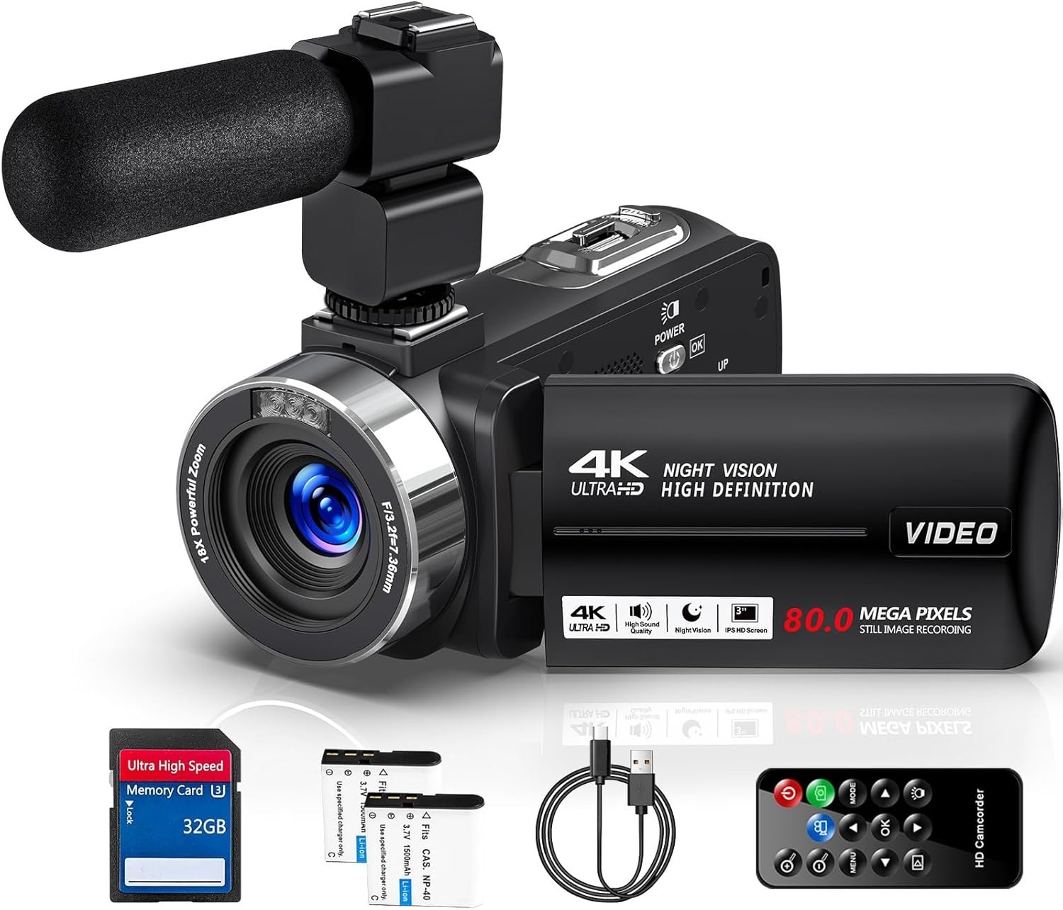 Delmodes 4K Video Camera 80MP Camcorder IR Night Vision 18X Zoom Kit Webcam