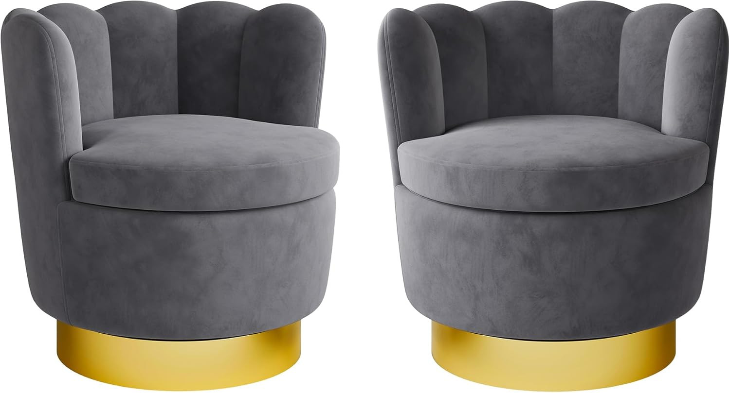 Set of 2 Modern Velvet Swivel Accent Chairs - Dark Grey Barrel Design
