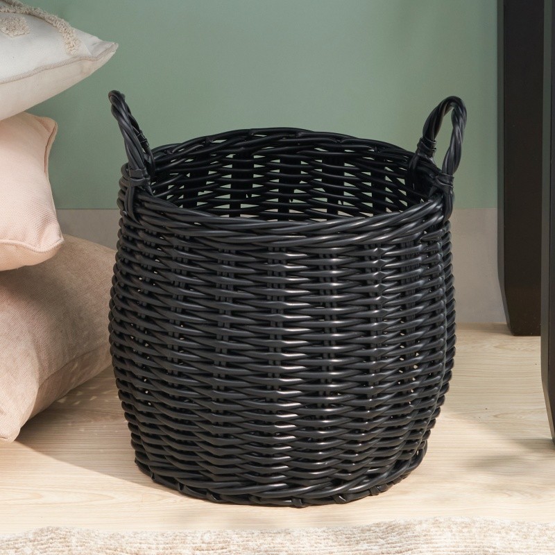 Resin Woven Wicker Basket, w/ Handles Round 13"x10" Black Clothes Towels Toys