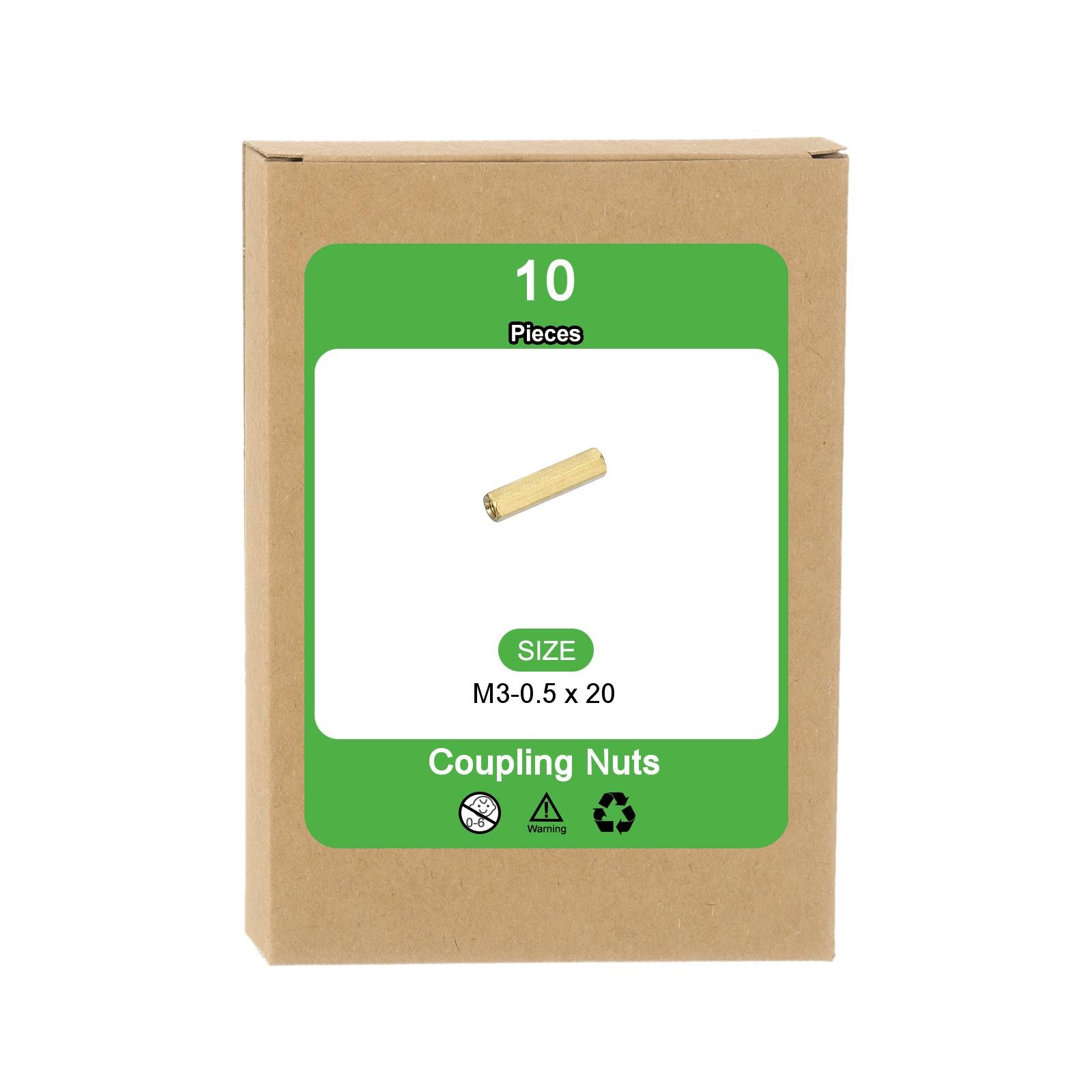 M3x0.5mm Coupling Nut, 10Pcs Brass Hex Coupling Nut 20mm, Gold