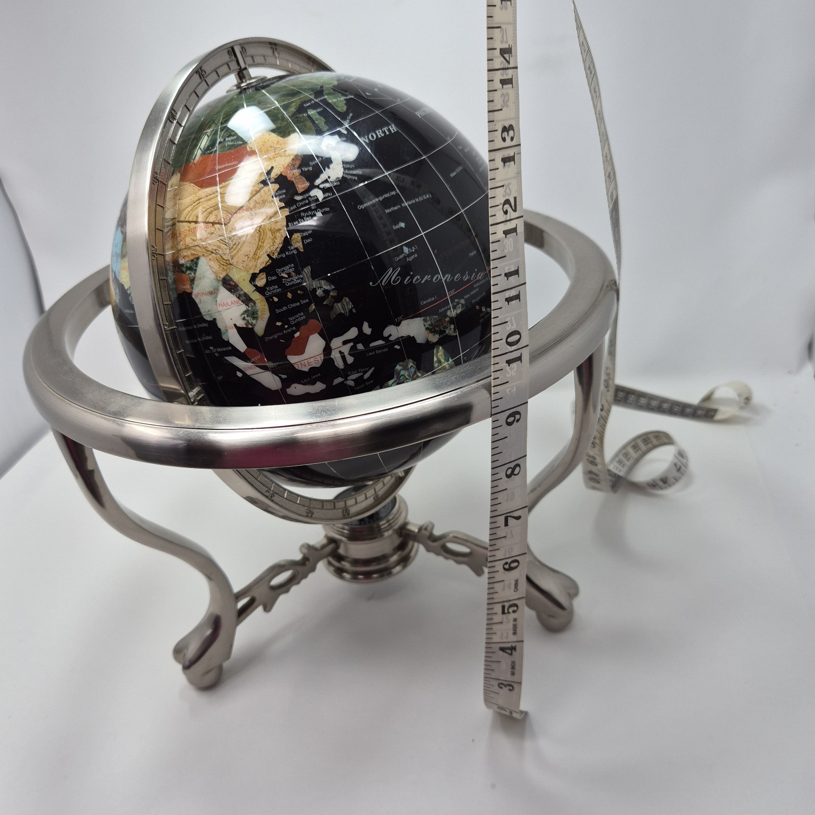 14" Black Ocean Silver 3- Leg Table Stand Gem Gemstone World MAP & Compass Globe