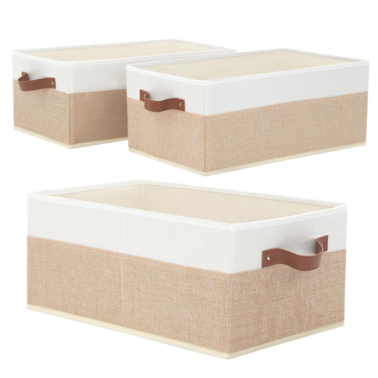 Large Closet Organizer Bins Foldable Storage Boxes Leather Handles Beige 3 PCS