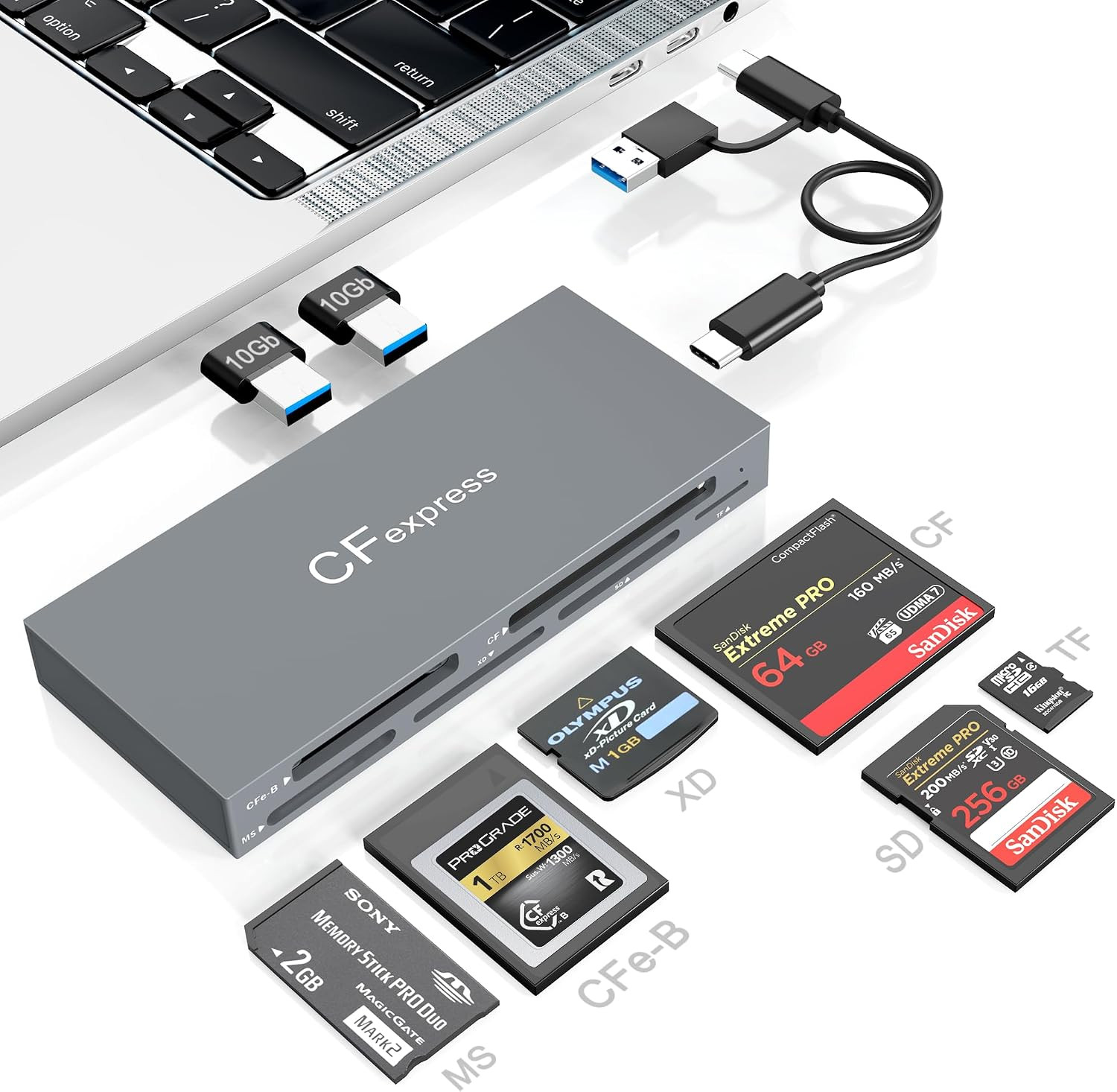 8 in 1 Cfexpress Type B Card Reader with 2 10Gb USB, USB3.2 Gen2 10Gbps CF