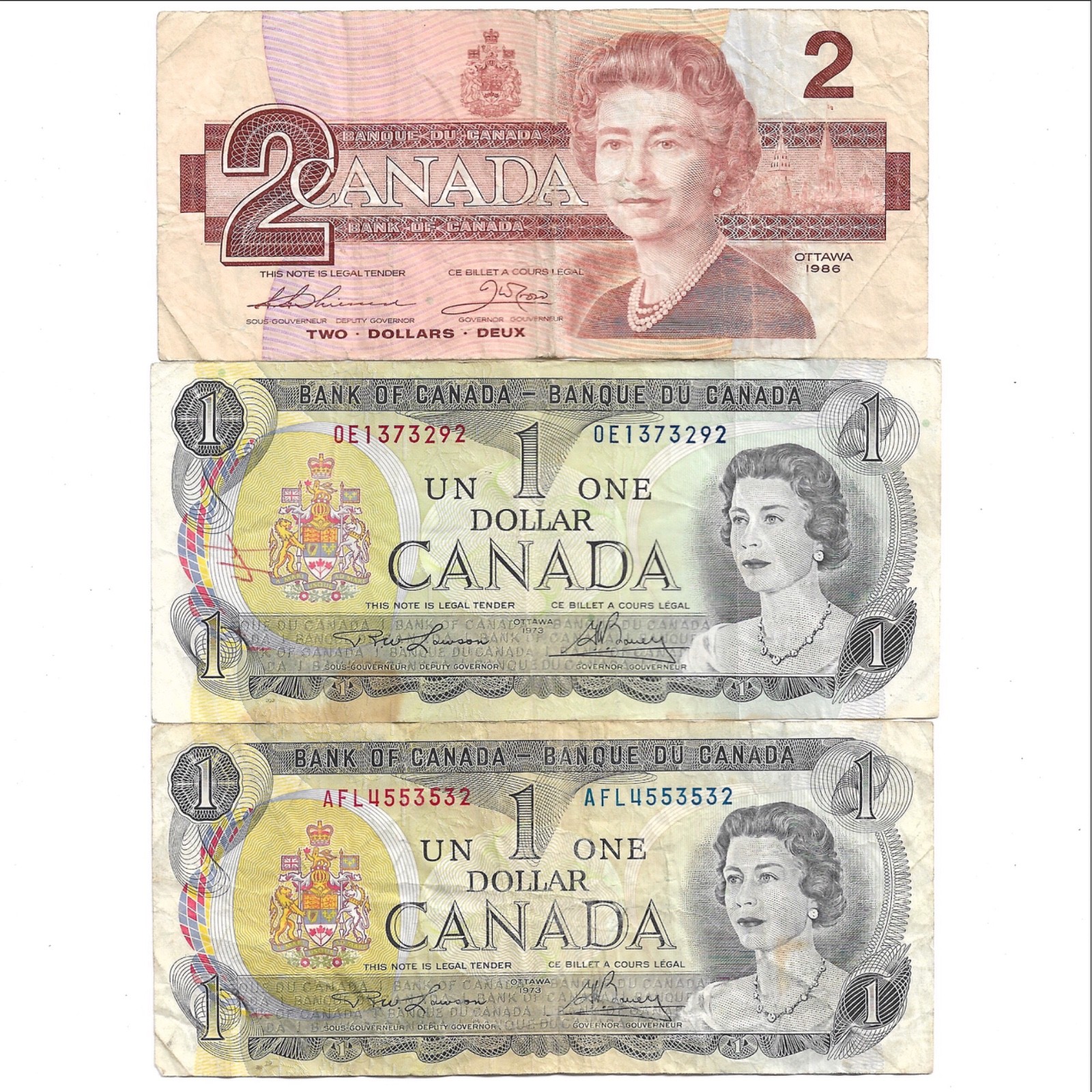 Lot of 3 Vintage Canada Banknotes 1-1986 $2; 2-1973 $1 Circulated Paper Currency