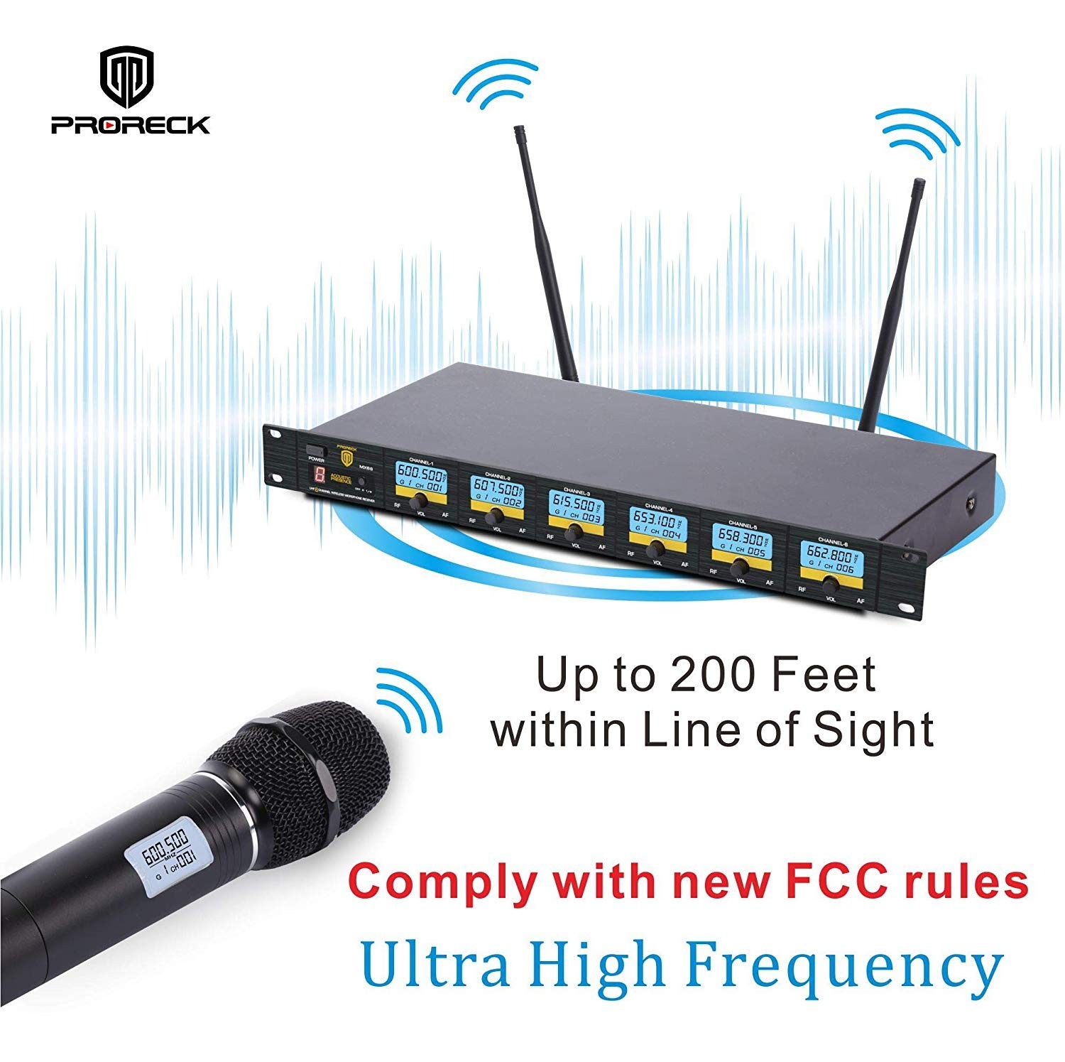 PRORECK MX66 6-Channel UHF Wireless Microphone System Old frequency, Black