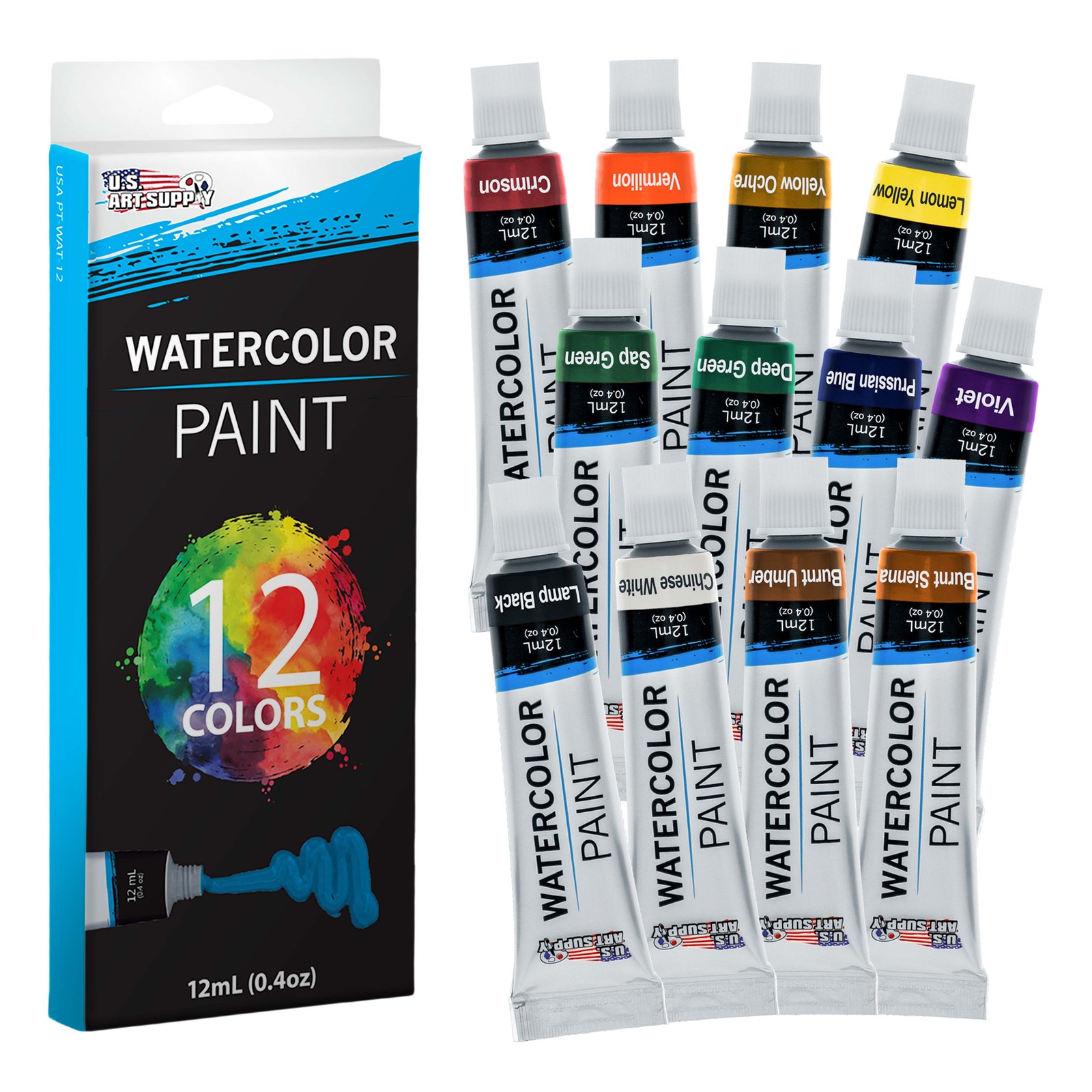 US Art Supply 12 Color Artist Watercolor Paint Pigment Set 12ml Tubes