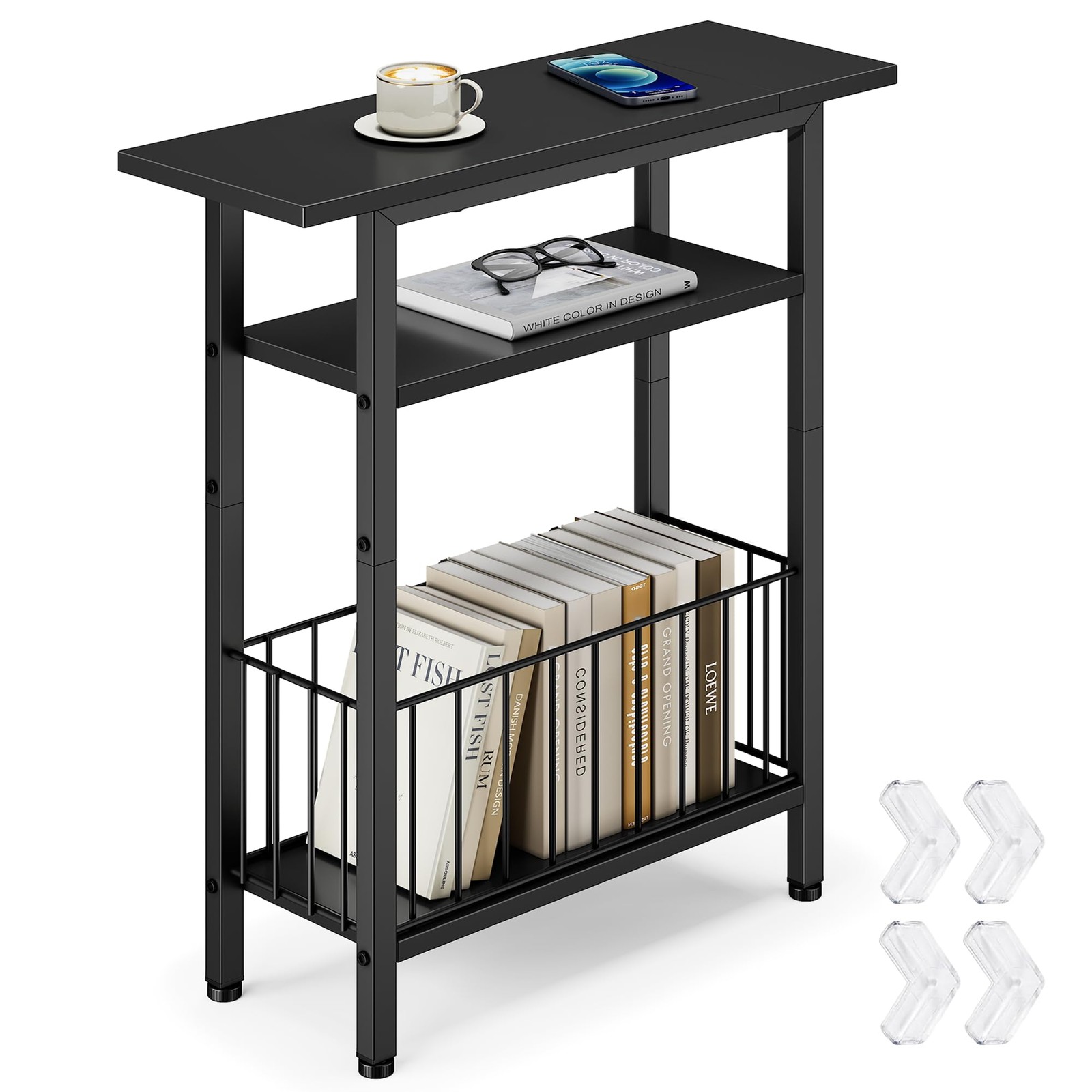 Narrow Side Table 3 Tier Skinny End Table Couch Small Spaces Storage Black