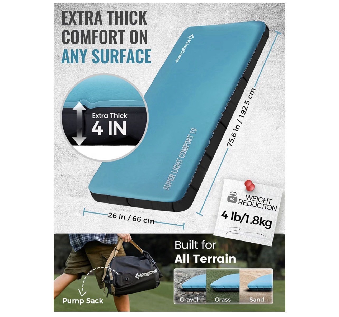 Kingcamp 4" Inflatable Camping Mattress - High Support, Compact Sleeping Pad