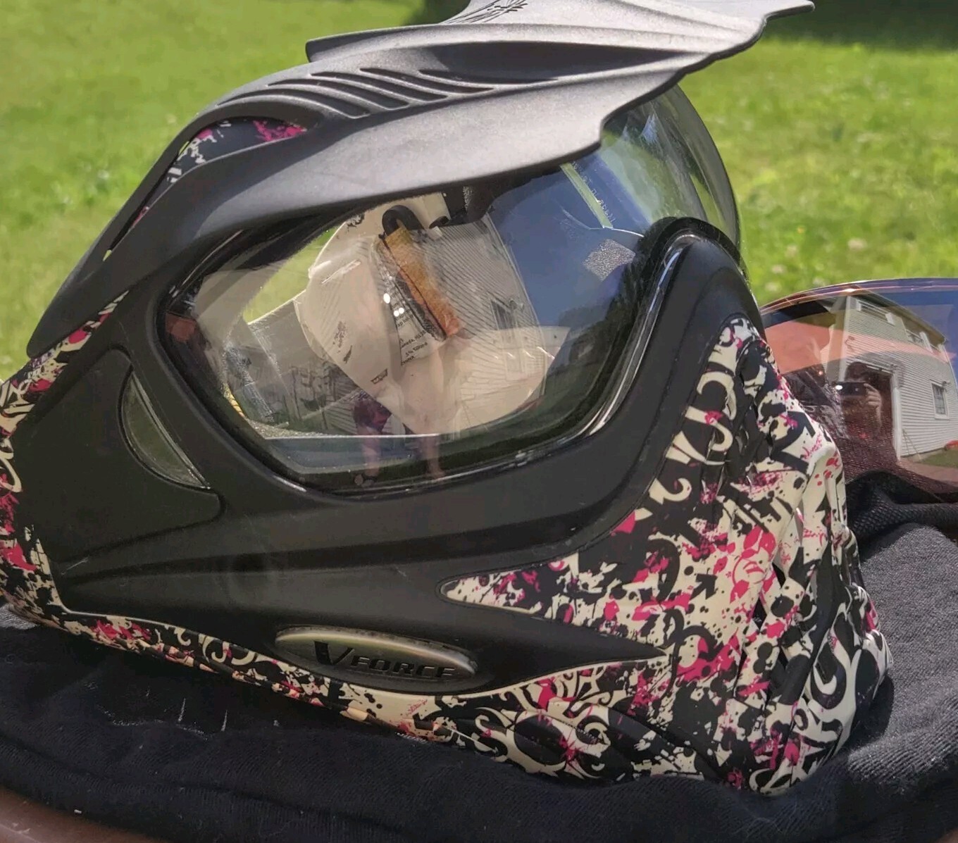 V-Force Grill Paintball Goggle Mask Pink/Black/White Camo with Visor, Extra Lens