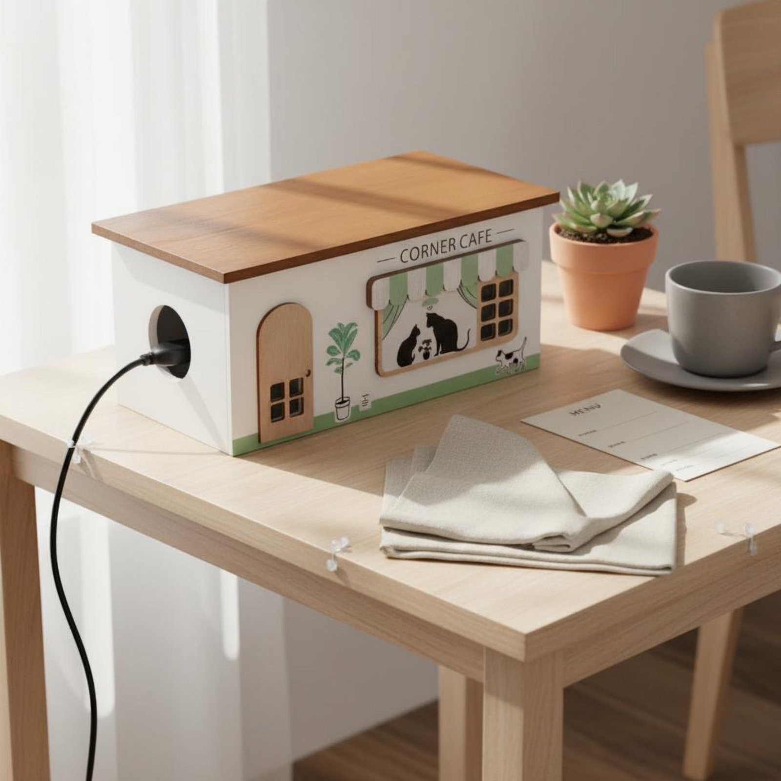 Wooden Cord Management Box Tidy & Organized House Shaped Cable Box for Desktop