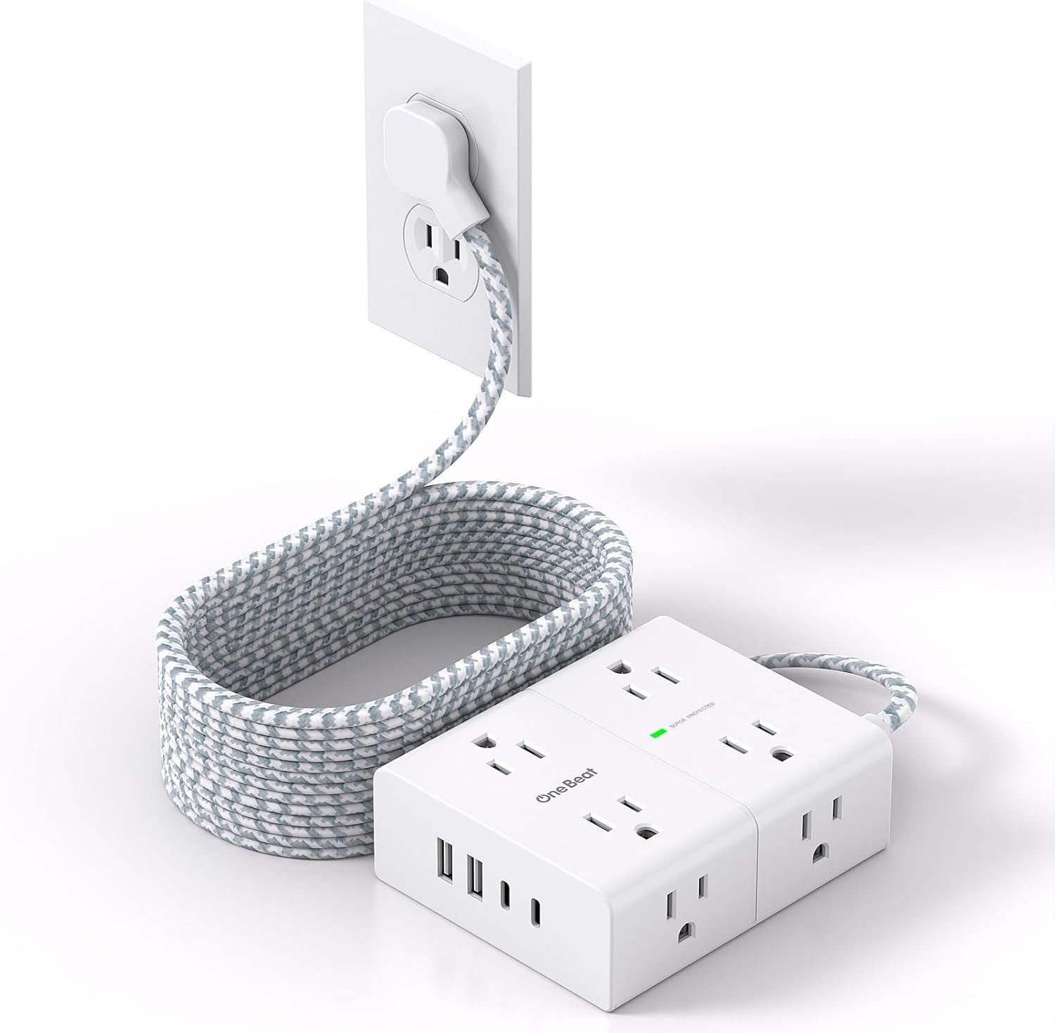 Surge Protector Power Strip 10/15 Ft Cord, Ultra Thin Flat Extension Cord with 8