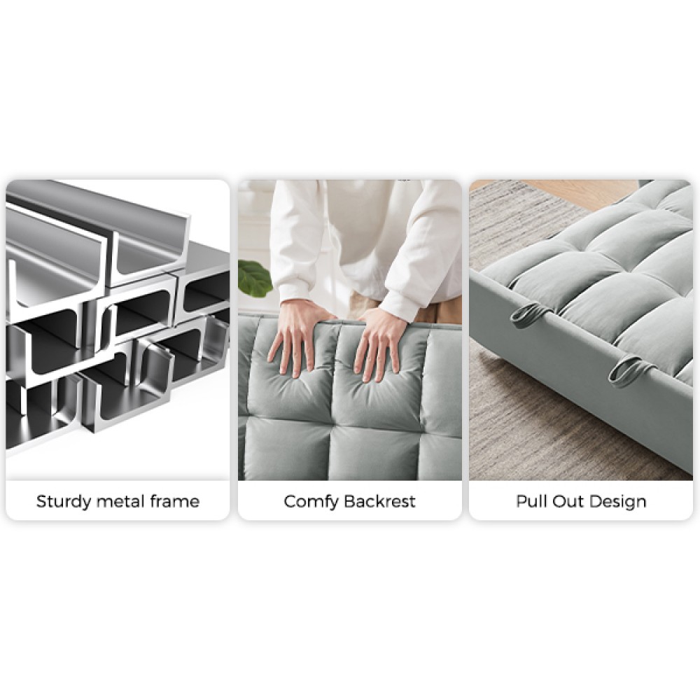 Velvet Convertible Sofa Bed 3-in-1 w/ Adjustable Back & Storage, Light Gray