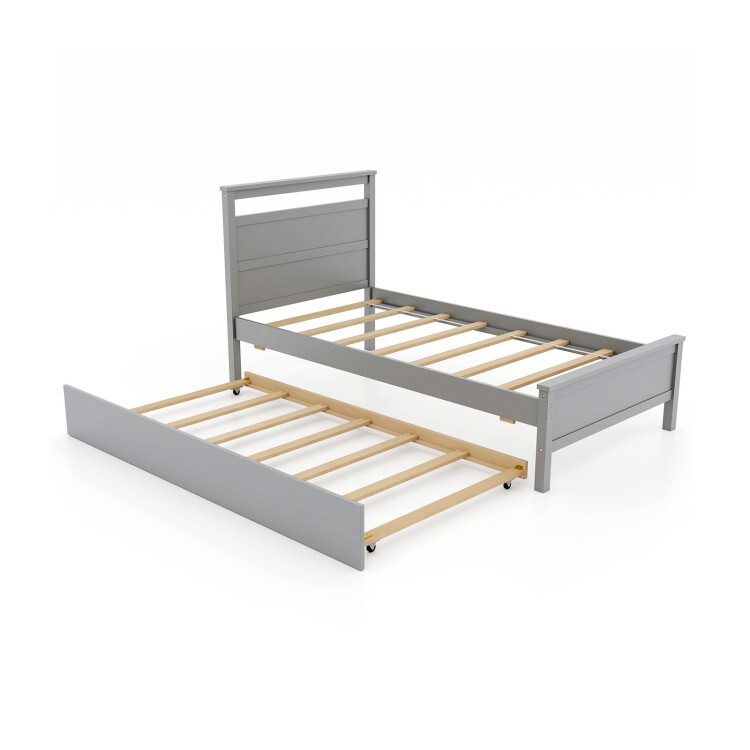 Twin Size Wooden Modern Platform Bed Frame Trundle Bed w/Smooth Rolling Wheels